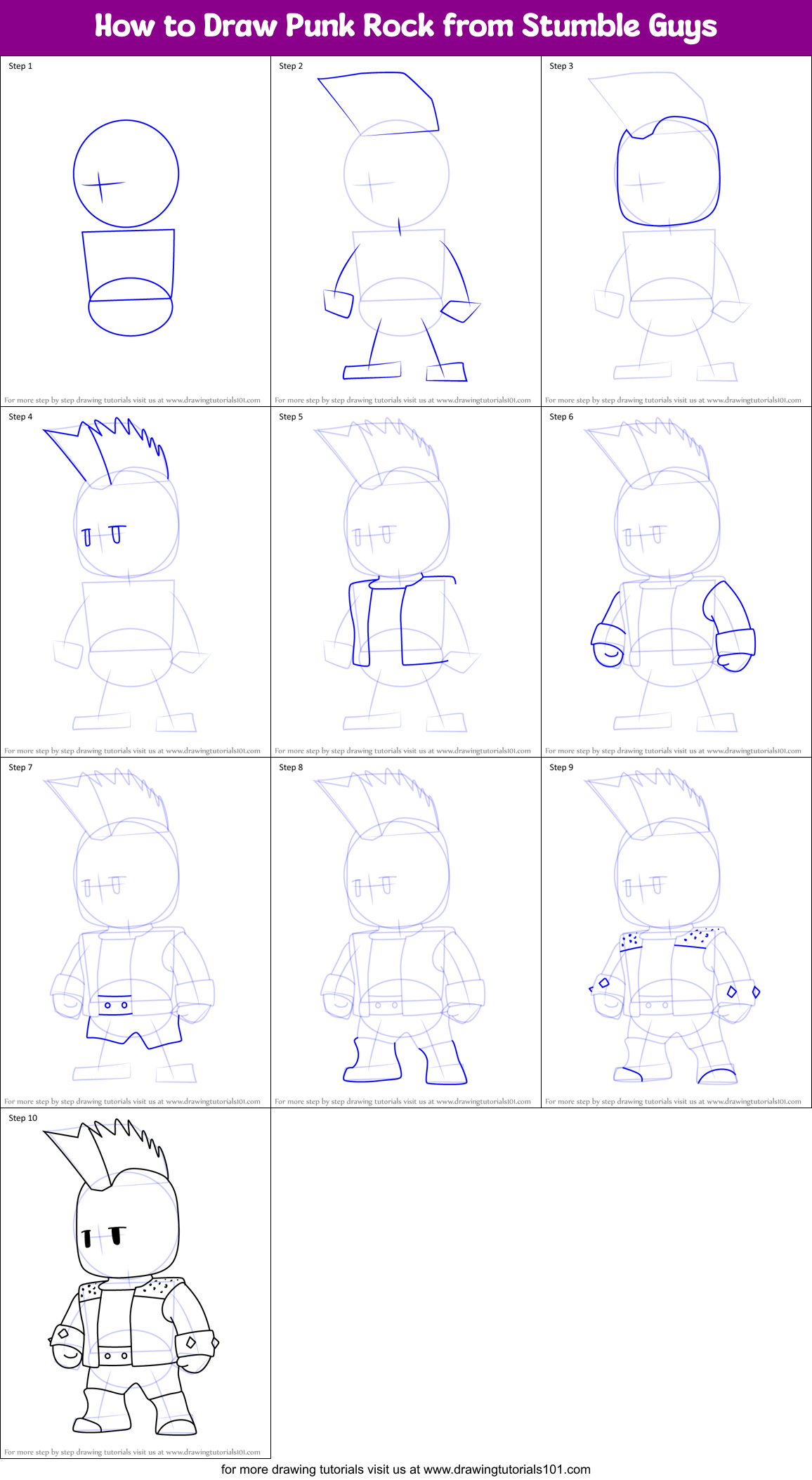 How to Draw Punk Rock from Stumble Guys Printable Step by Step