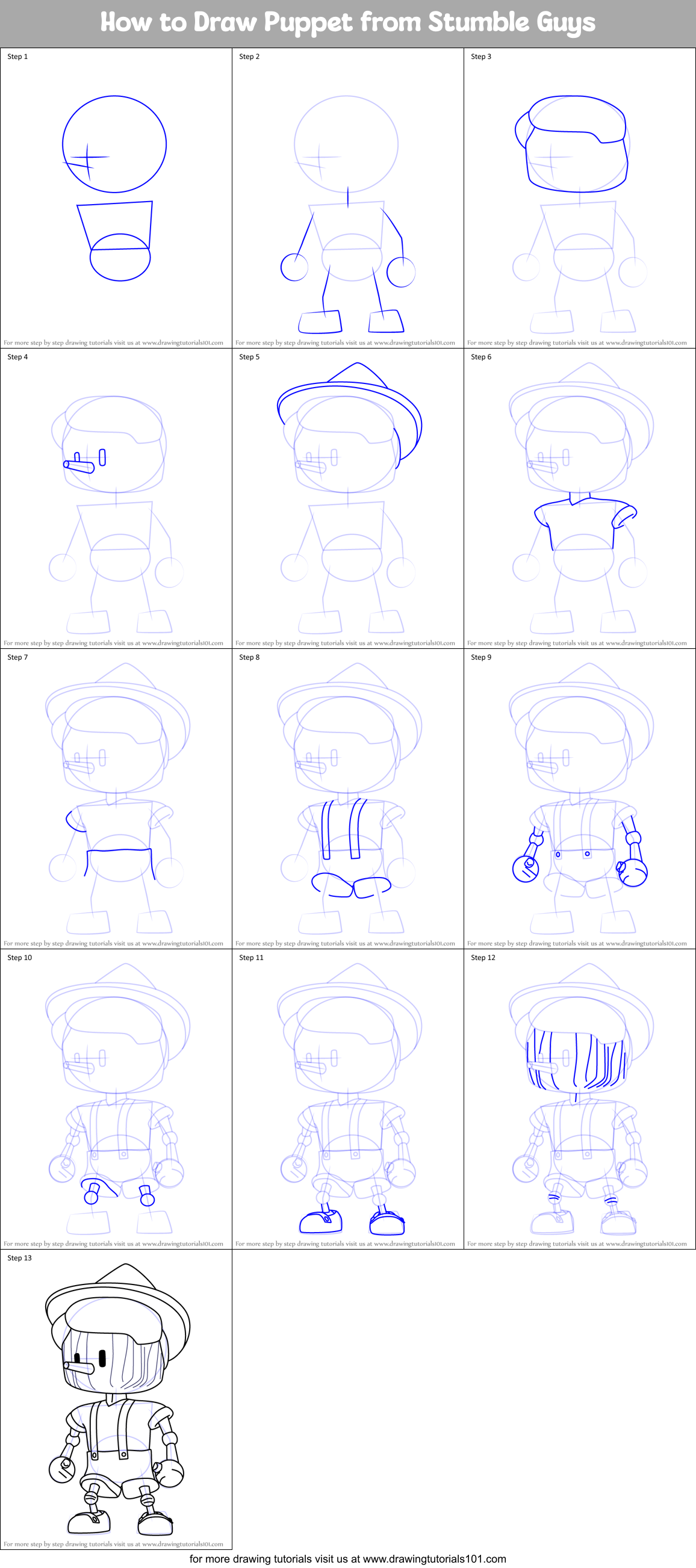 How to Draw Puppet from Stumble Guys Printable Step by Step
