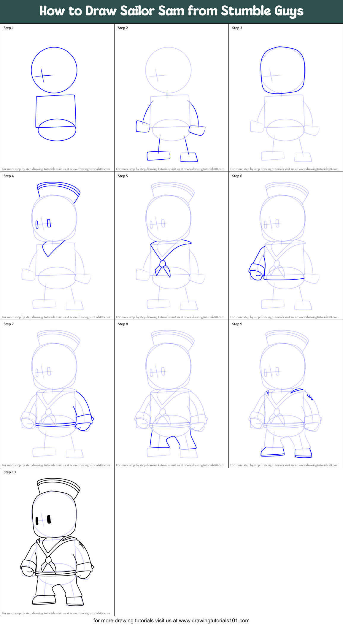 How to Draw Sailor Sam from Stumble Guys Printable Step by Step
