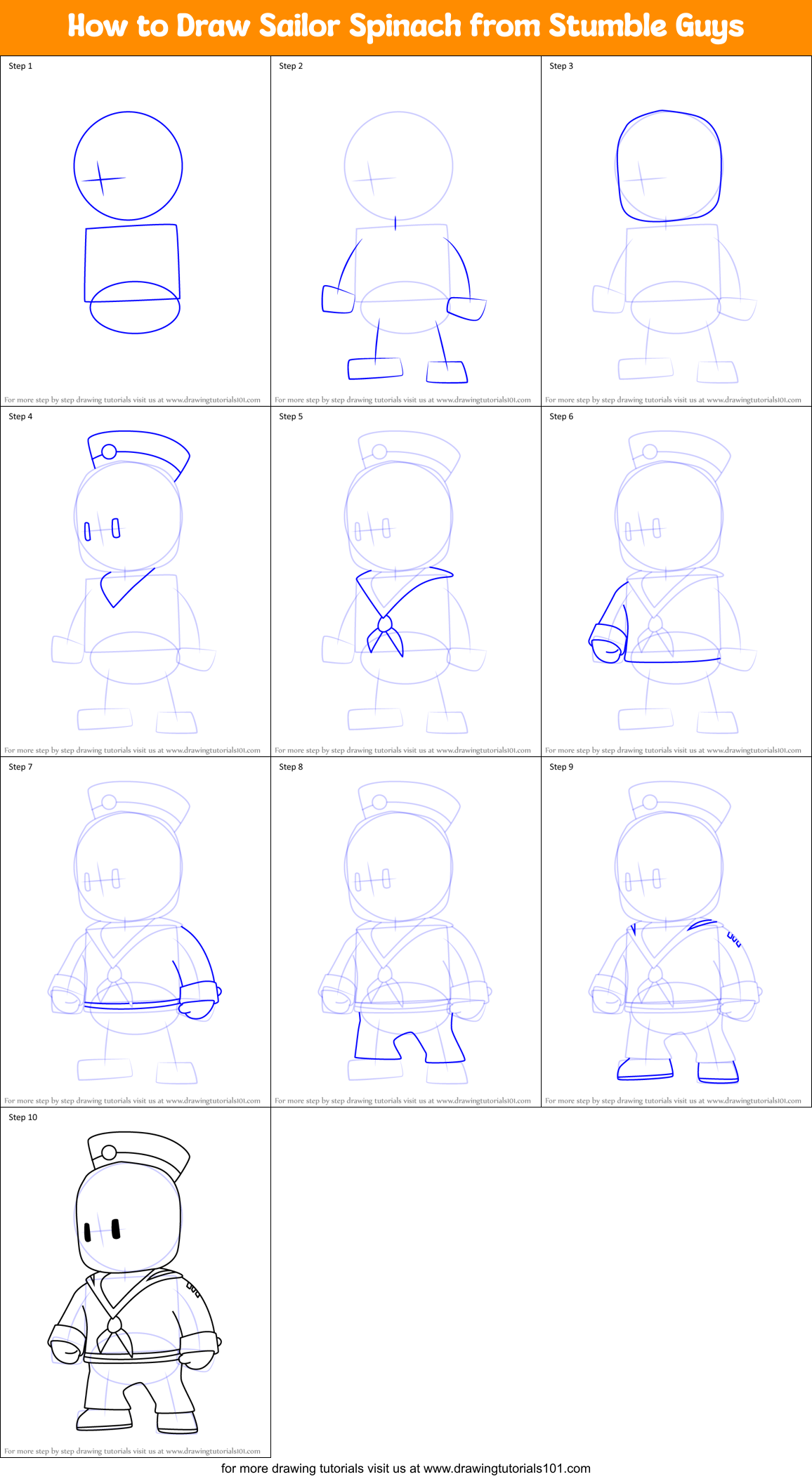 How to Draw Sailor Spinach from Stumble Guys Printable Step by Step