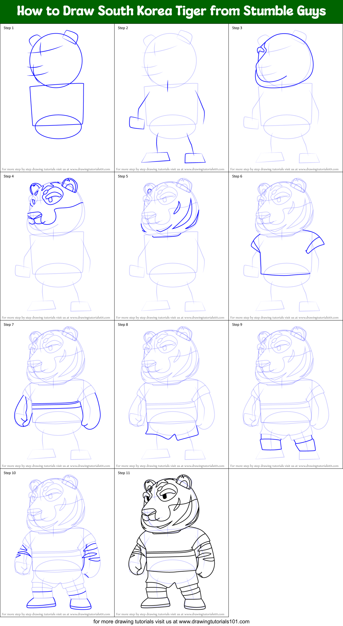 How to Draw South Korea Tiger from Stumble Guys Printable Step by Step