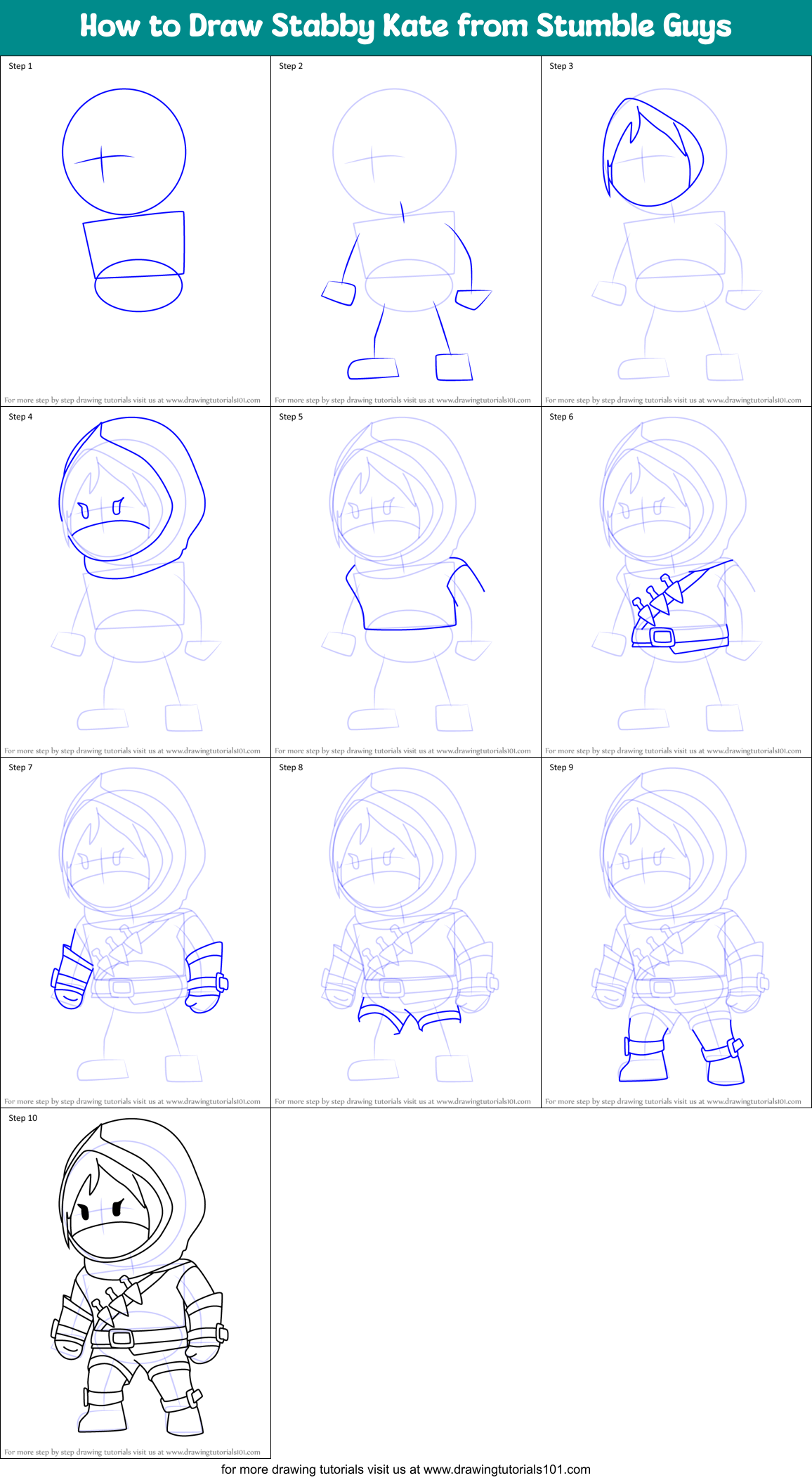 How to Draw Stabby Kate from Stumble Guys Printable Step by Step