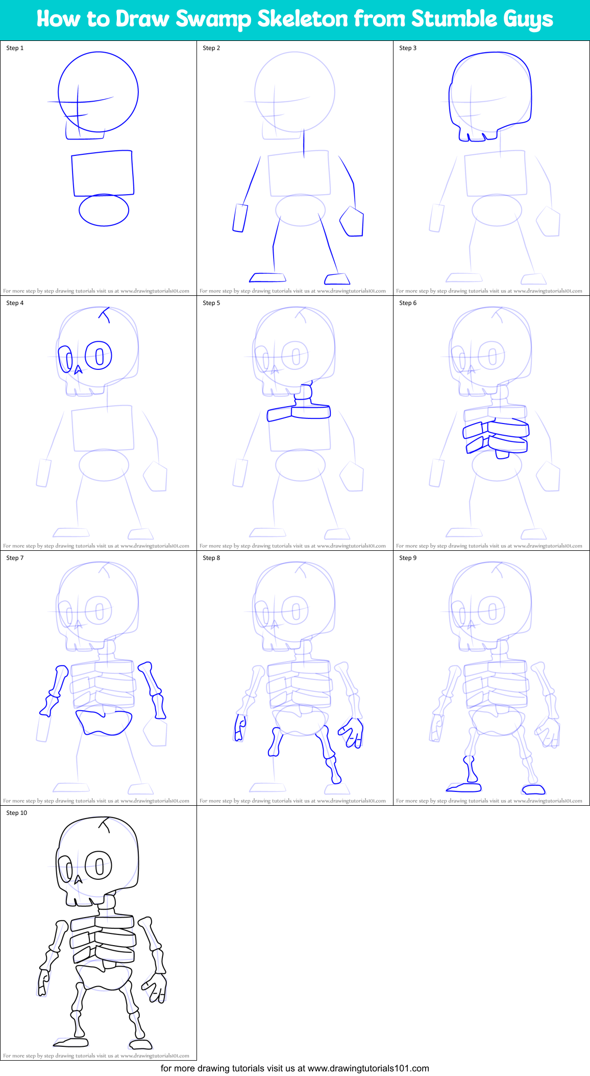 How to Draw Swamp Skeleton from Stumble Guys Printable Step by Step
