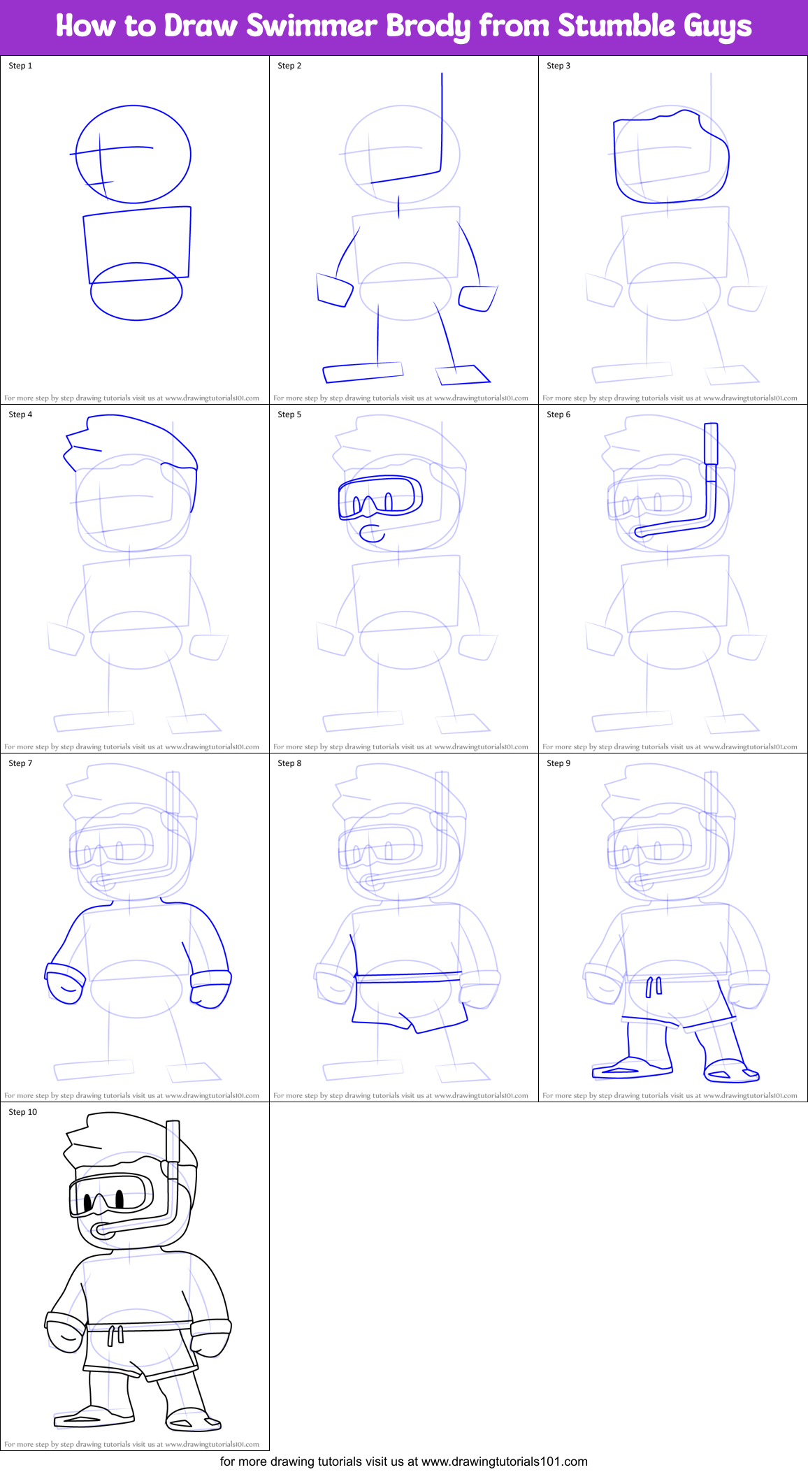 How to Draw Swimmer Brody from Stumble Guys Printable Step by Step