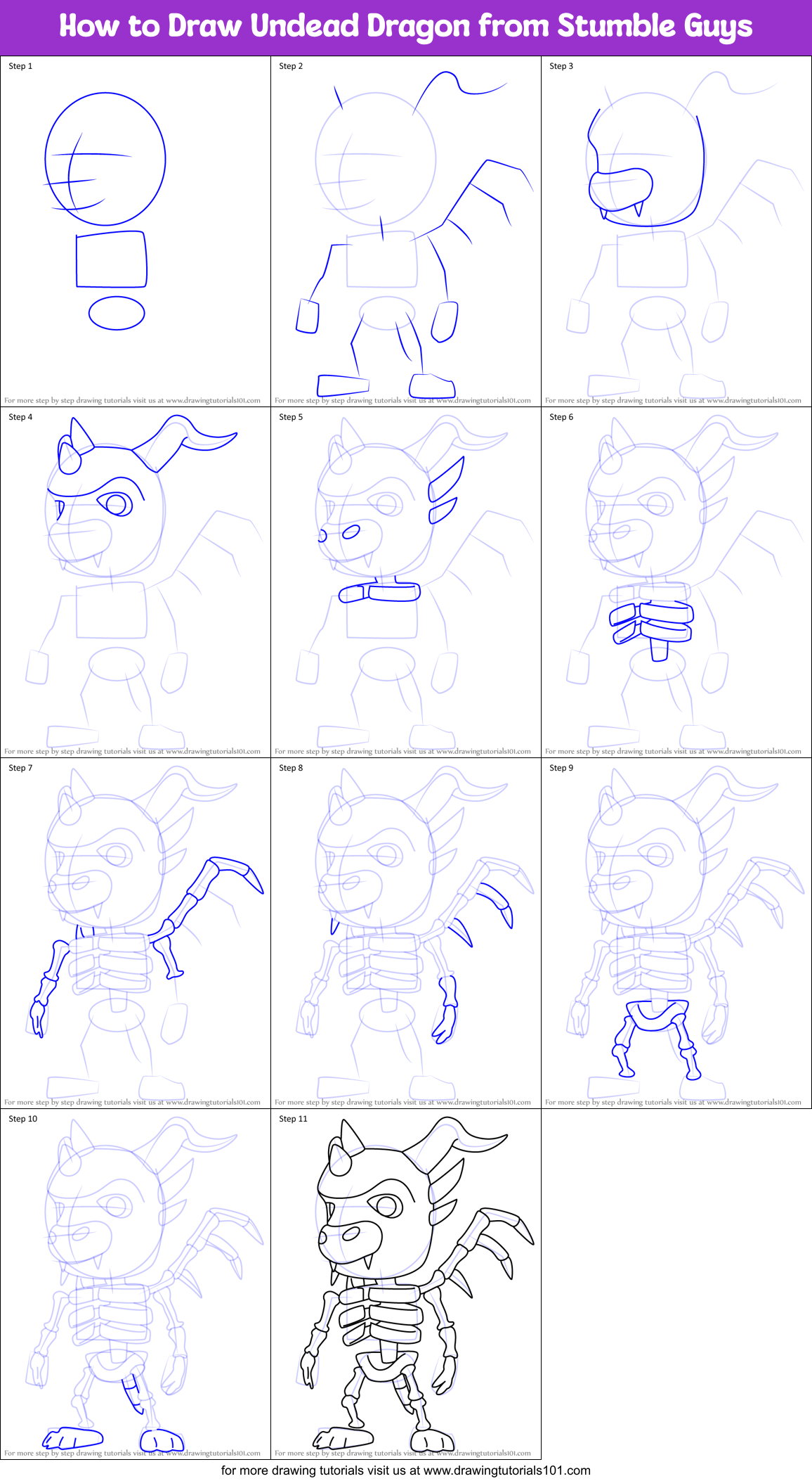 How to Draw Undead Dragon from Stumble Guys Printable Step by Step