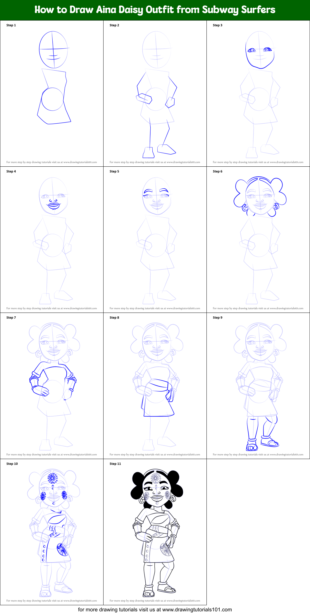 How to Draw Aina Daisy Outfit from Subway Surfers Printable Step by Step