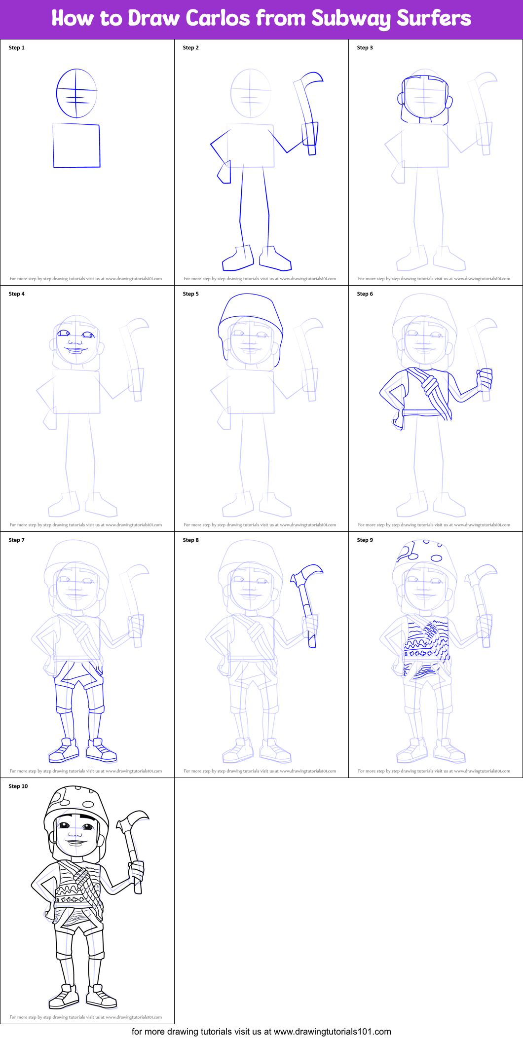 How to Draw Carlos from Subway Surfers Printable Step by Step