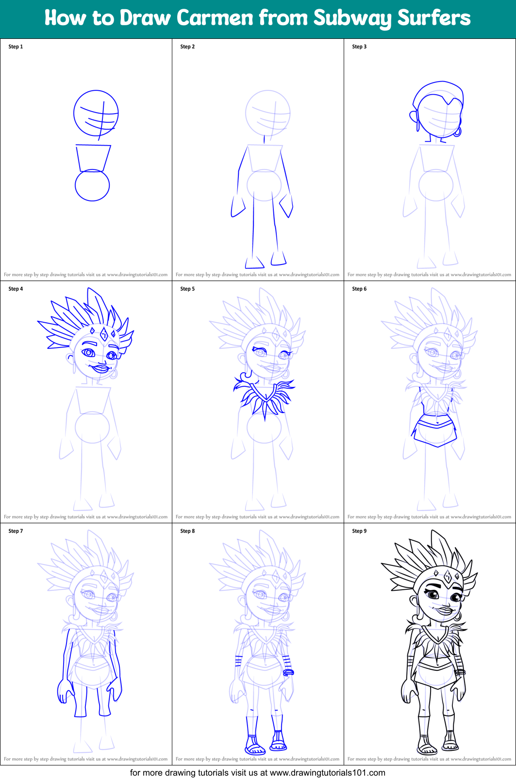 How to Draw Carmen from Subway Surfers Printable Step by Step