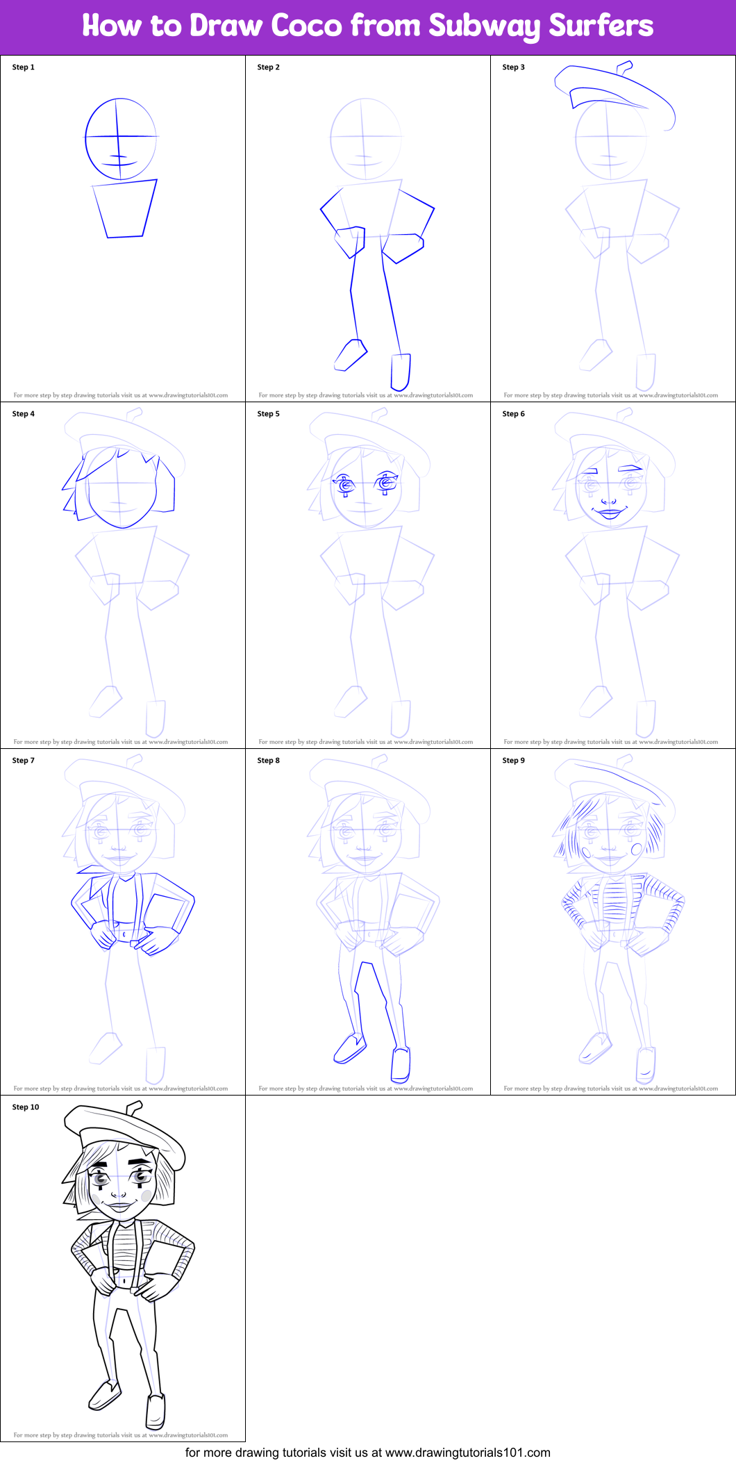 How to Draw Coco from Subway Surfers Printable Step by Step