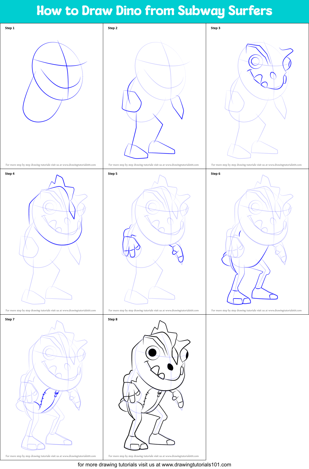 How to Draw Dino from Subway Surfers Printable Step by Step