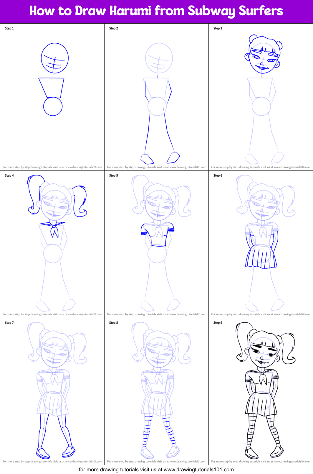How to Draw Harumi from Subway Surfers Printable Step by Step