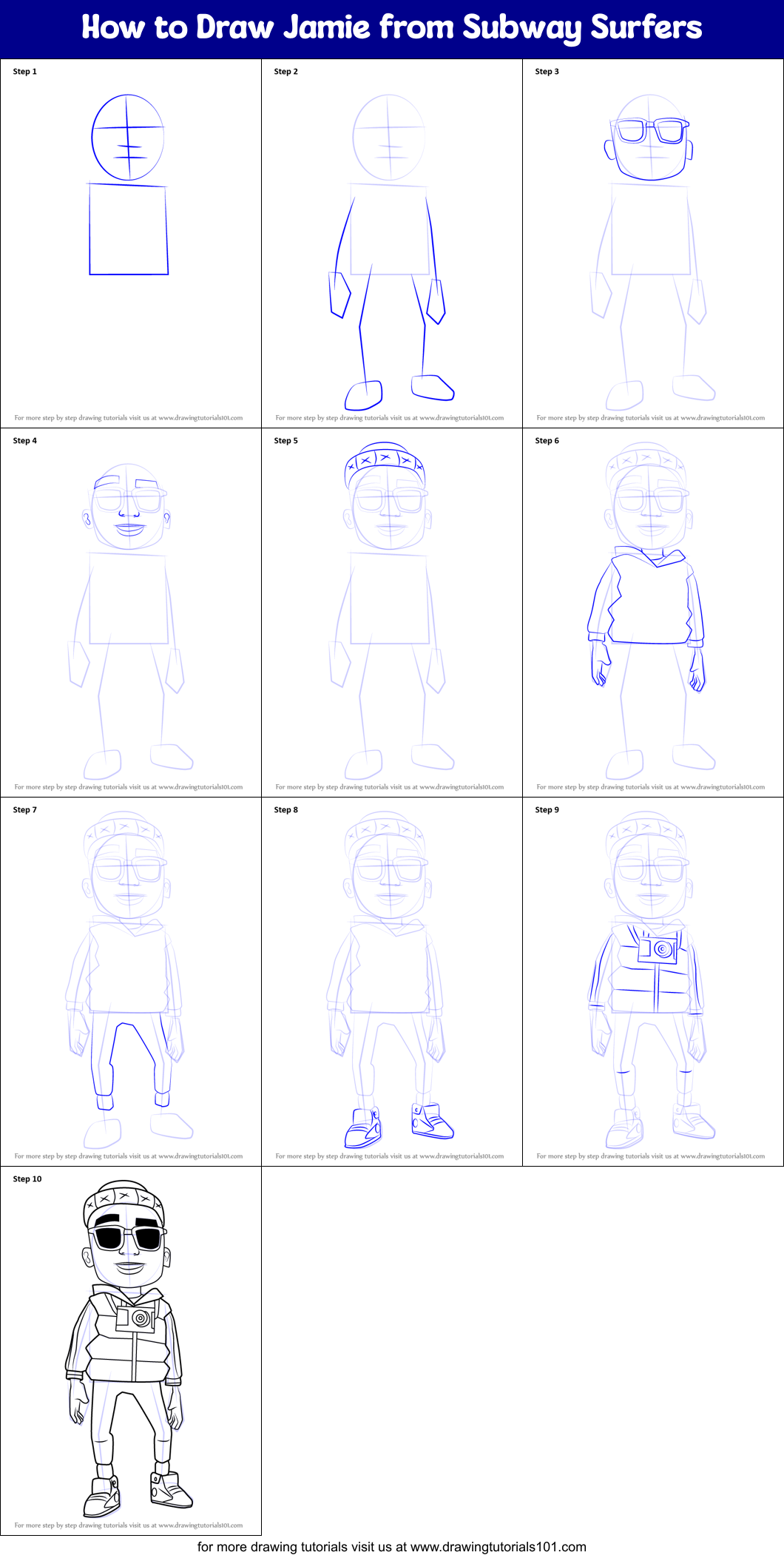 How to Draw Jamie from Subway Surfers Printable Step by Step
