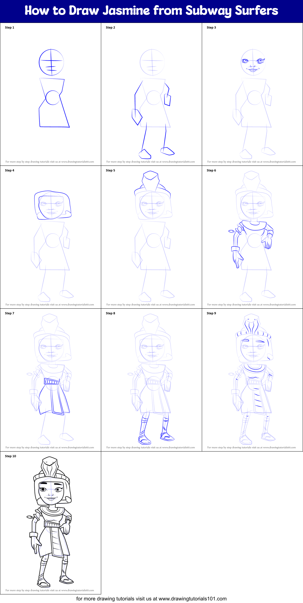 How to Draw Jasmine from Subway Surfers Printable Step by Step