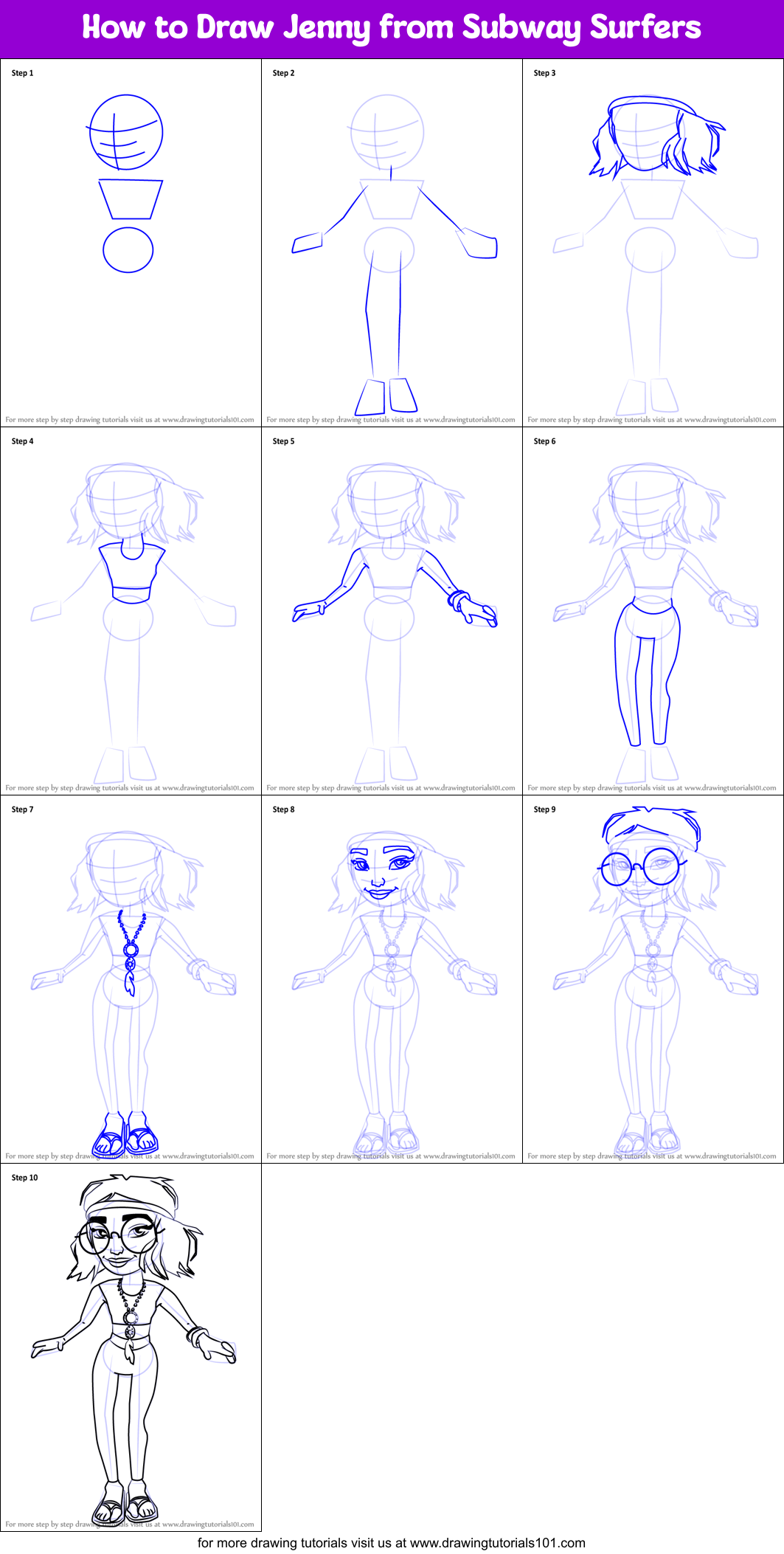 How to Draw Jenny from Subway Surfers Printable Step by Step