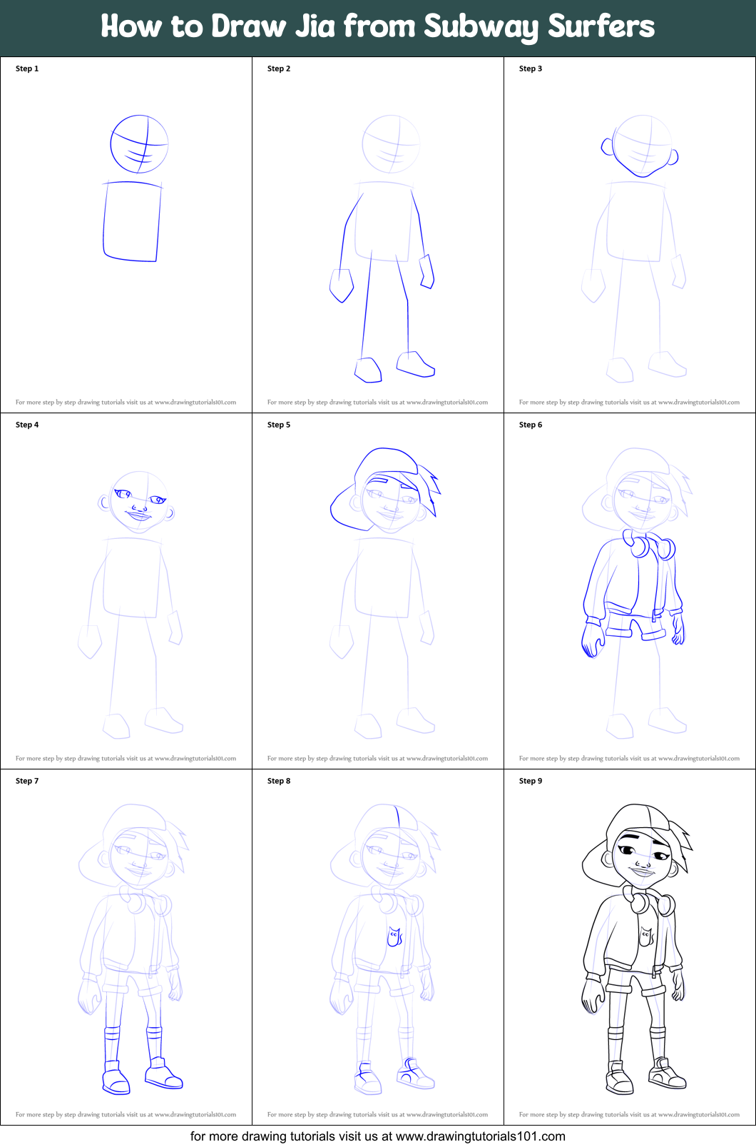 How to Draw Jia from Subway Surfers Printable Step by Step