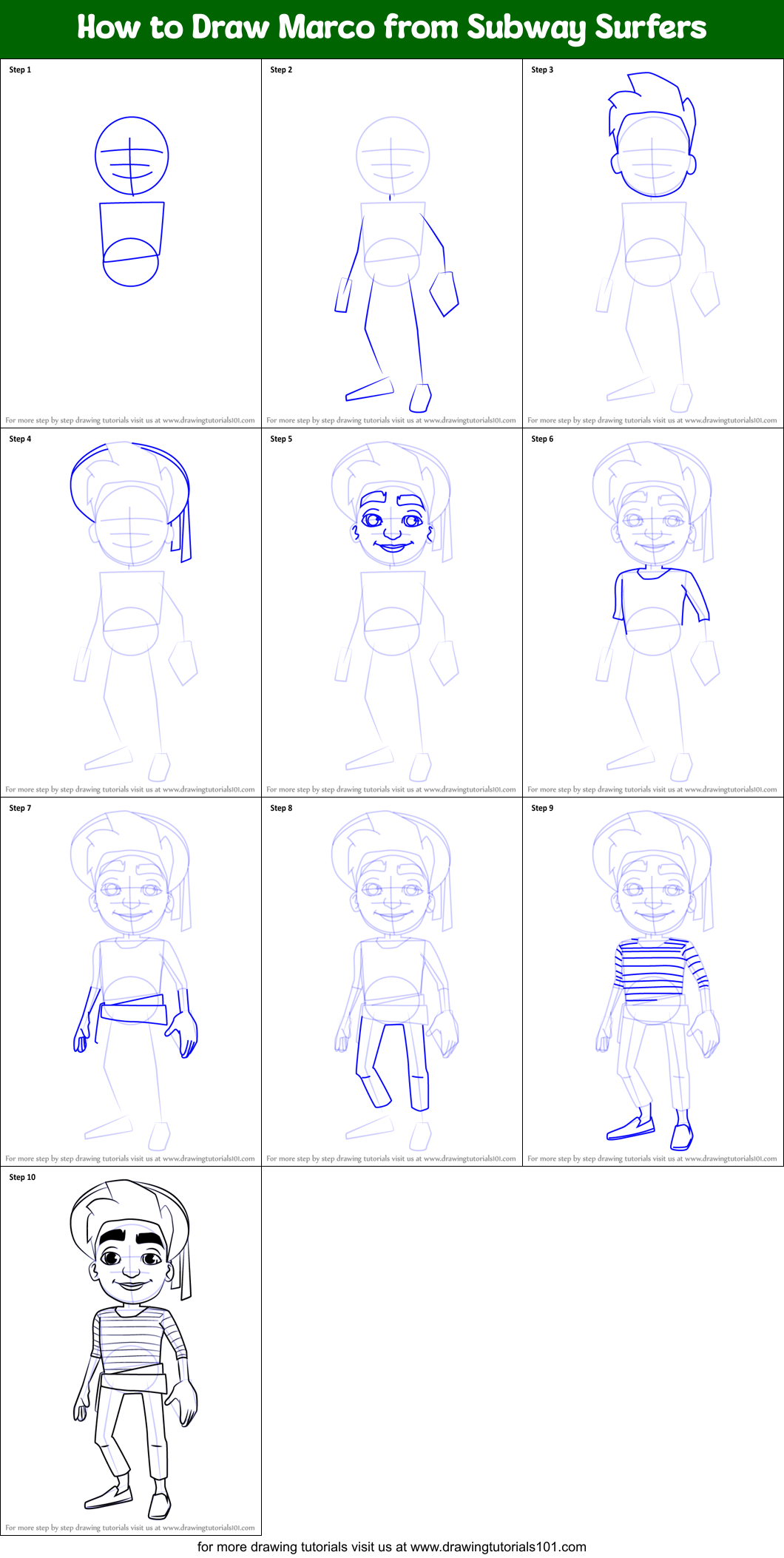 How to Draw Marco from Subway Surfers Printable Step by Step