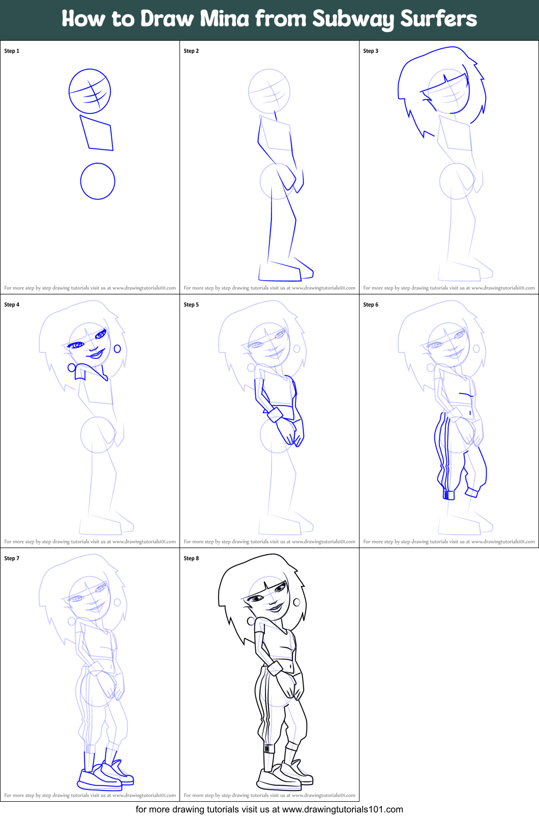 How to Draw Mina from Subway Surfers Printable Step by Step