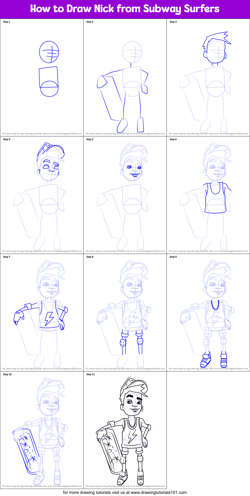 How to Draw Nick from Subway Surfers Printable Step by Step