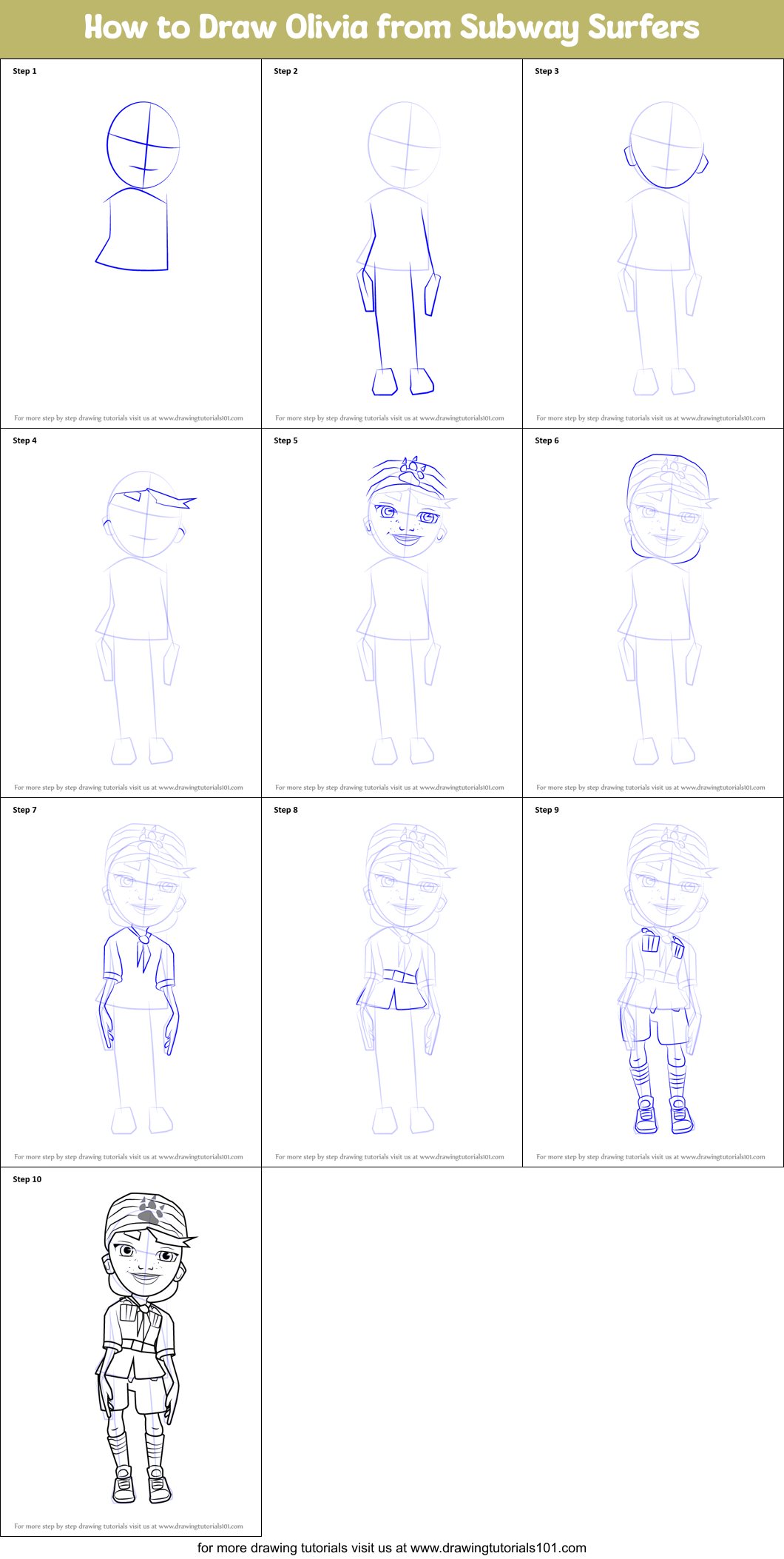 How to Draw Olivia from Subway Surfers Printable Step by Step