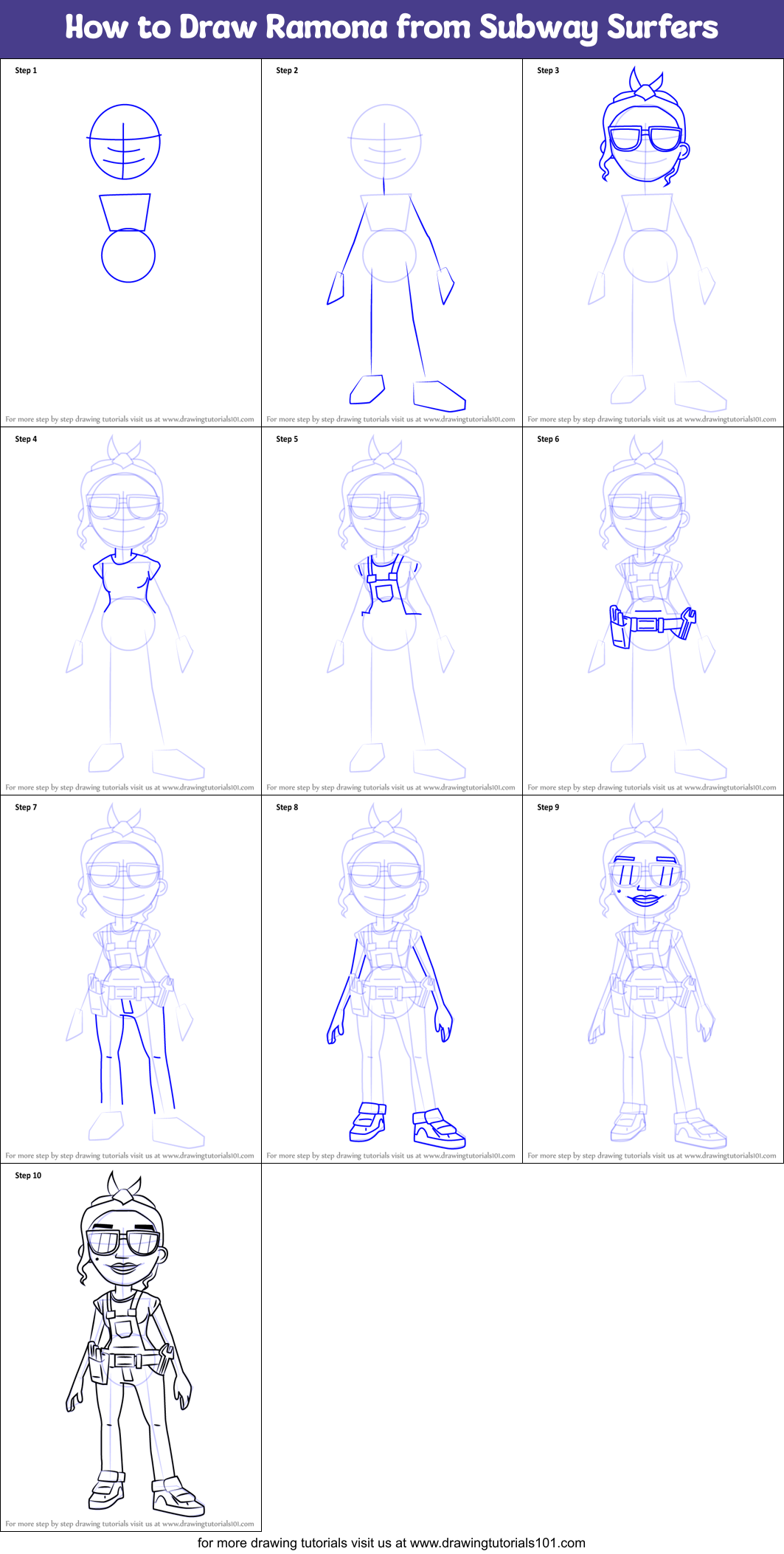 How to Draw Ramona from Subway Surfers Printable Step by Step