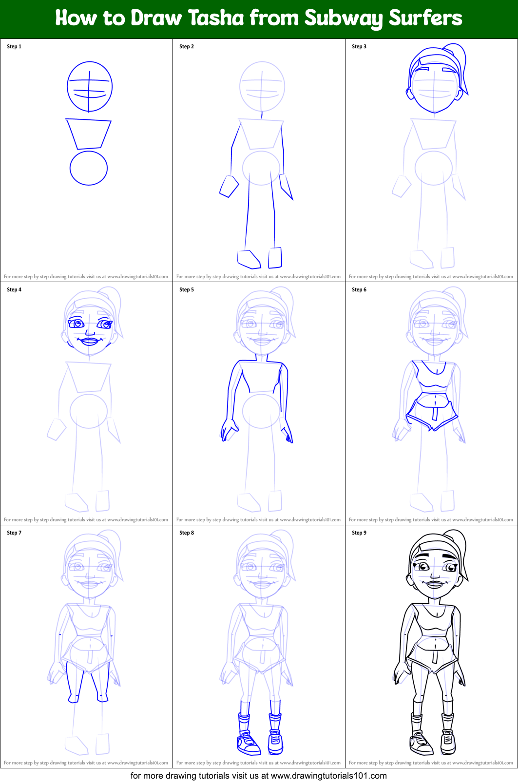 How to Draw Tasha from Subway Surfers Printable Step by Step
