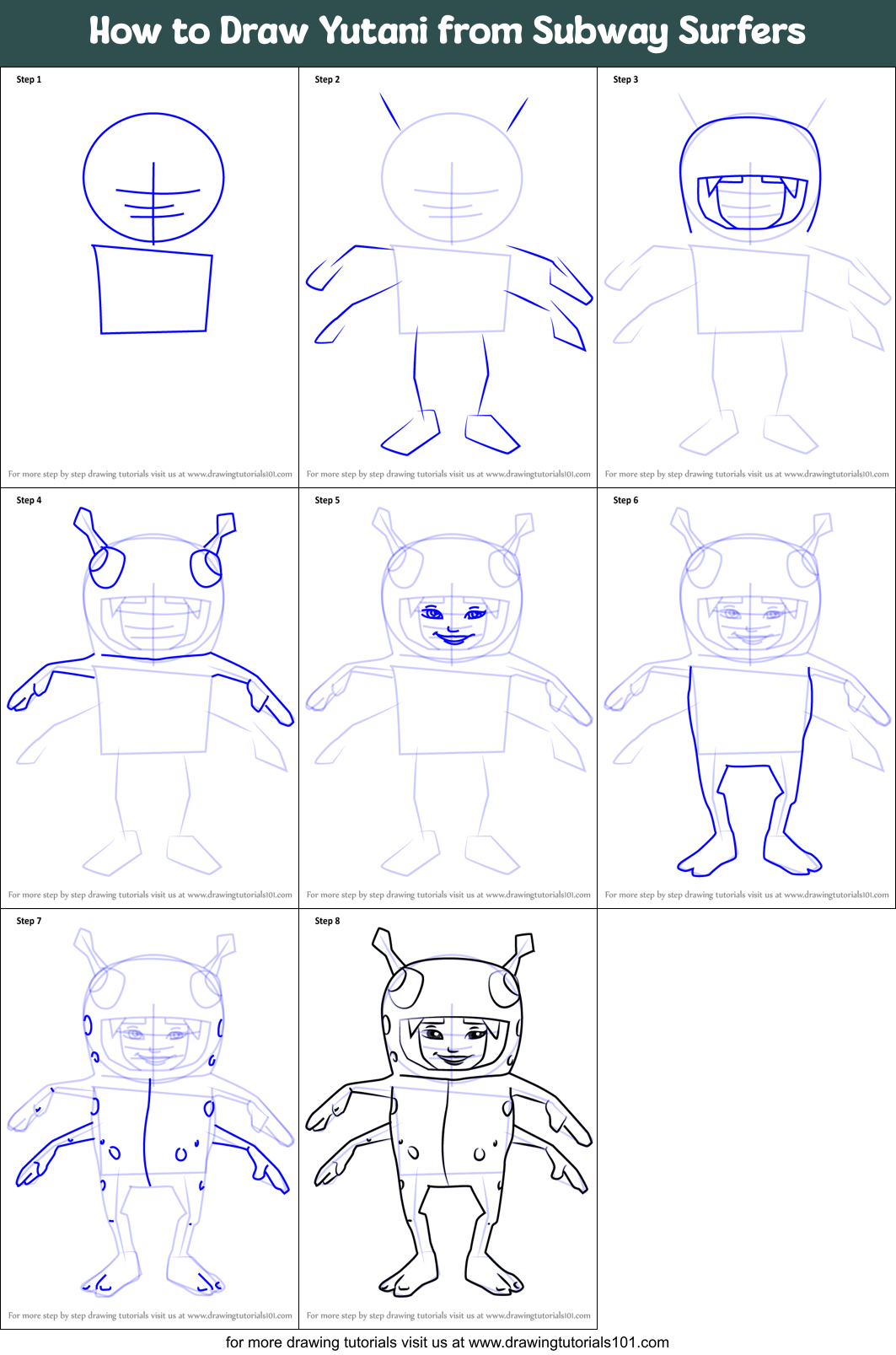 How to Draw Yutani from Subway Surfers Printable Step by Step