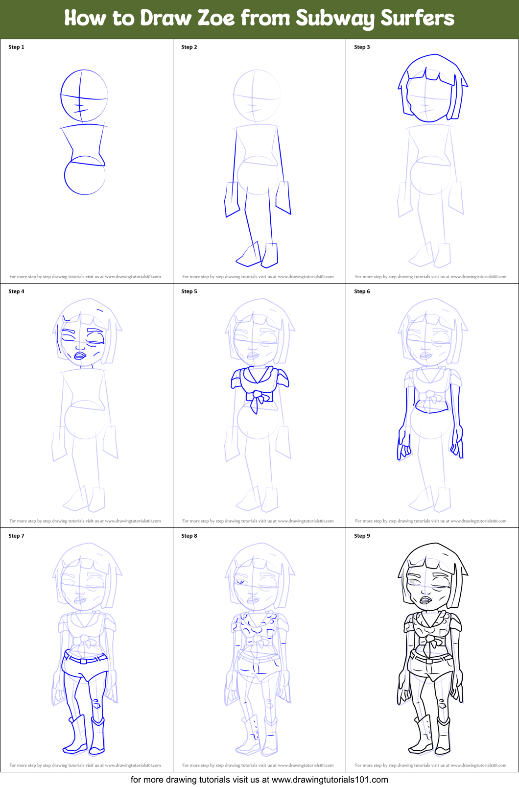 How to Draw Zoe from Subway Surfers Printable Step by Step