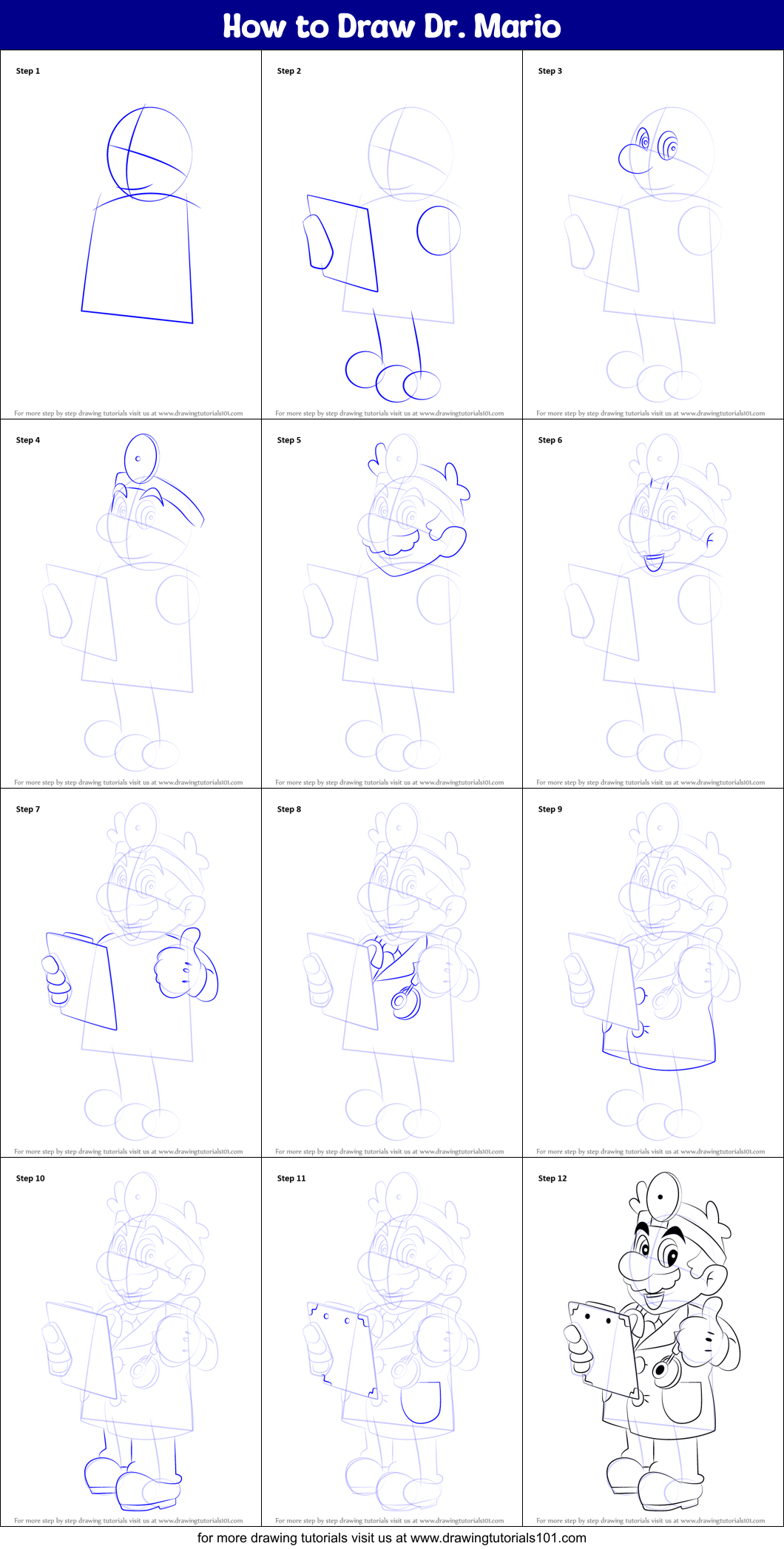 How to Draw Dr. Mario (Super Mario) Step by Step | DrawingTutorials101.com