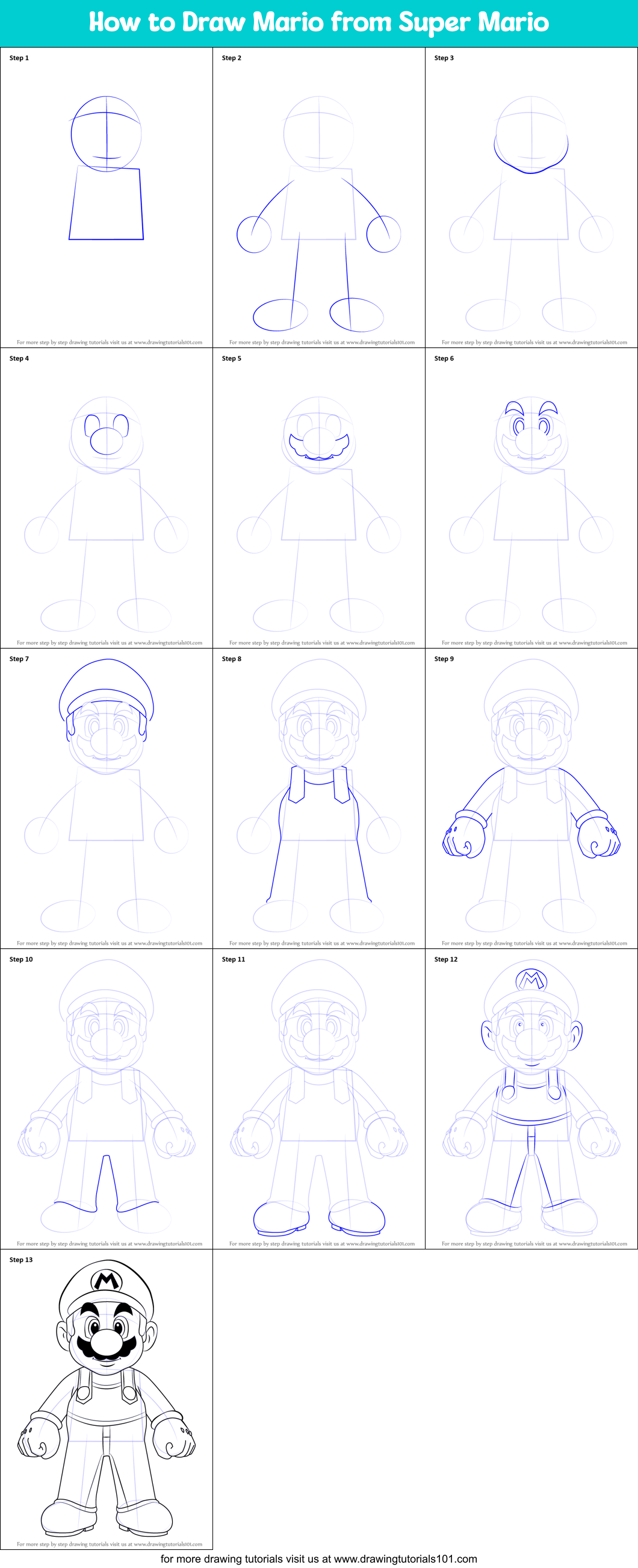 How to Draw Mario from Super Mario printable step by step drawing sheet