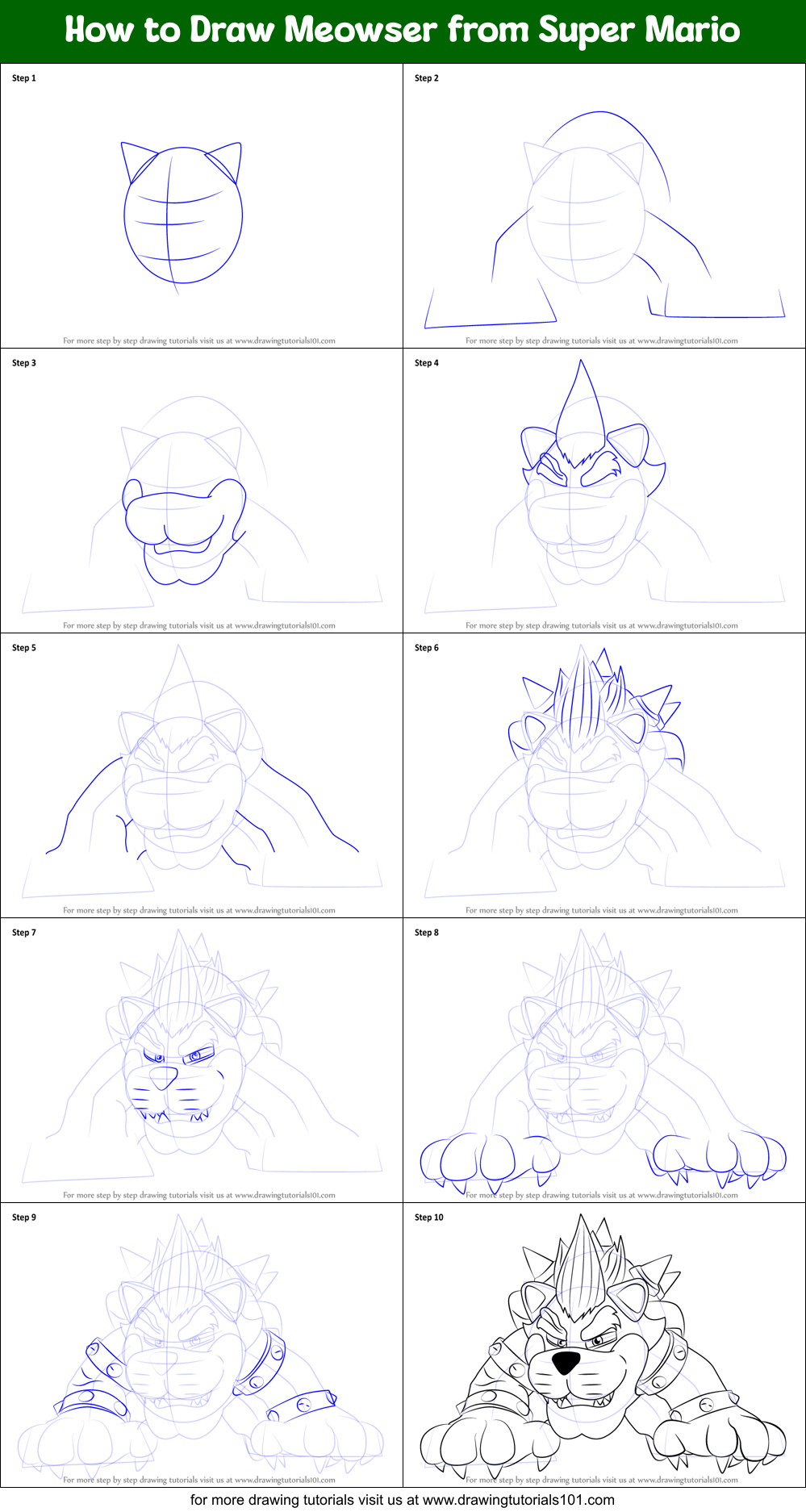 How to Draw Meowser from Super Mario Printable Step by Step
