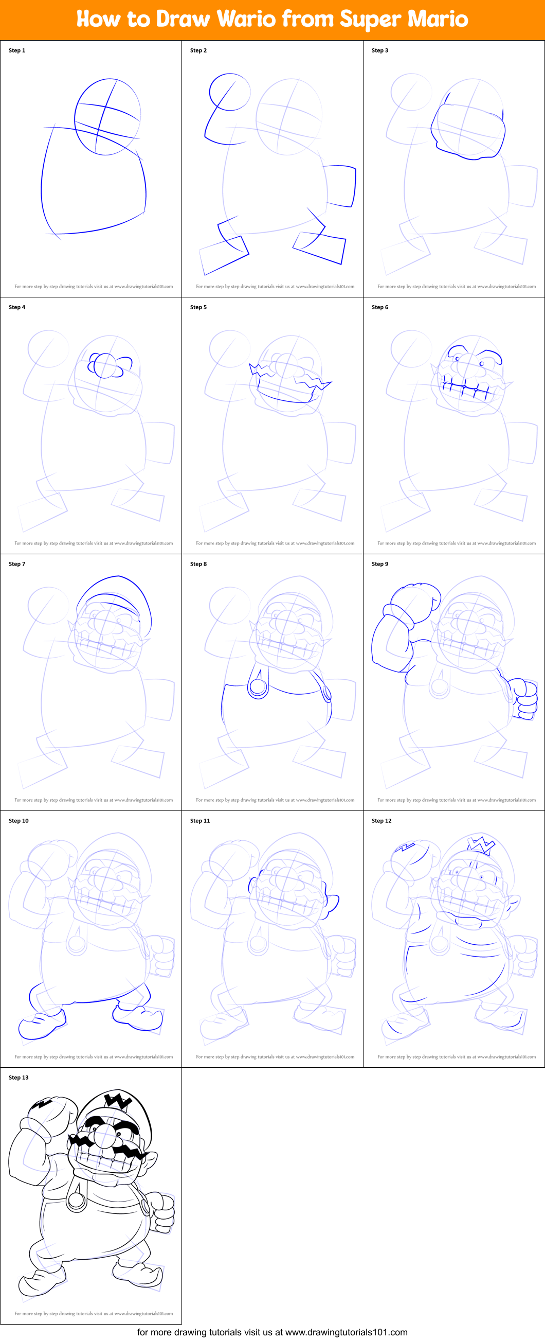 How to Draw Wario from Super Mario Printable Step by Step