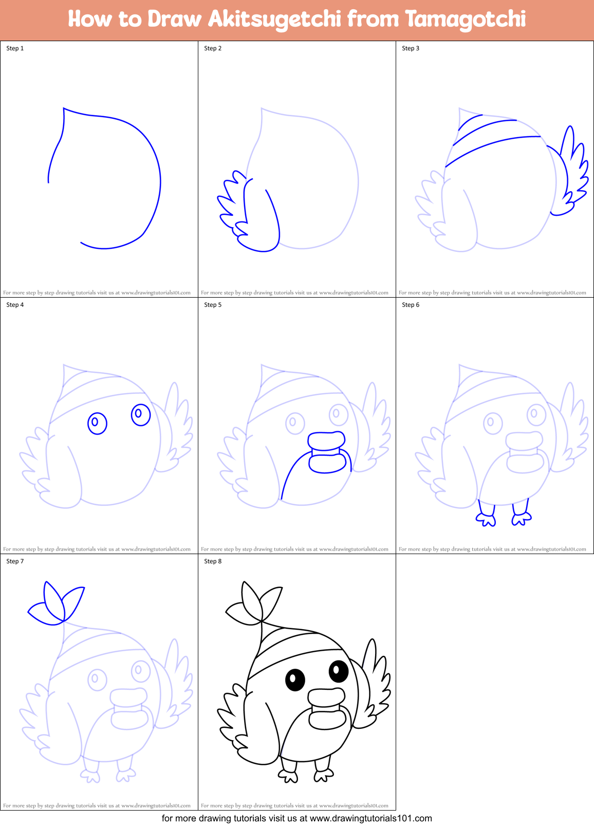 How to Draw Akitsugetchi from Tamagotchi Printable Step by Step
