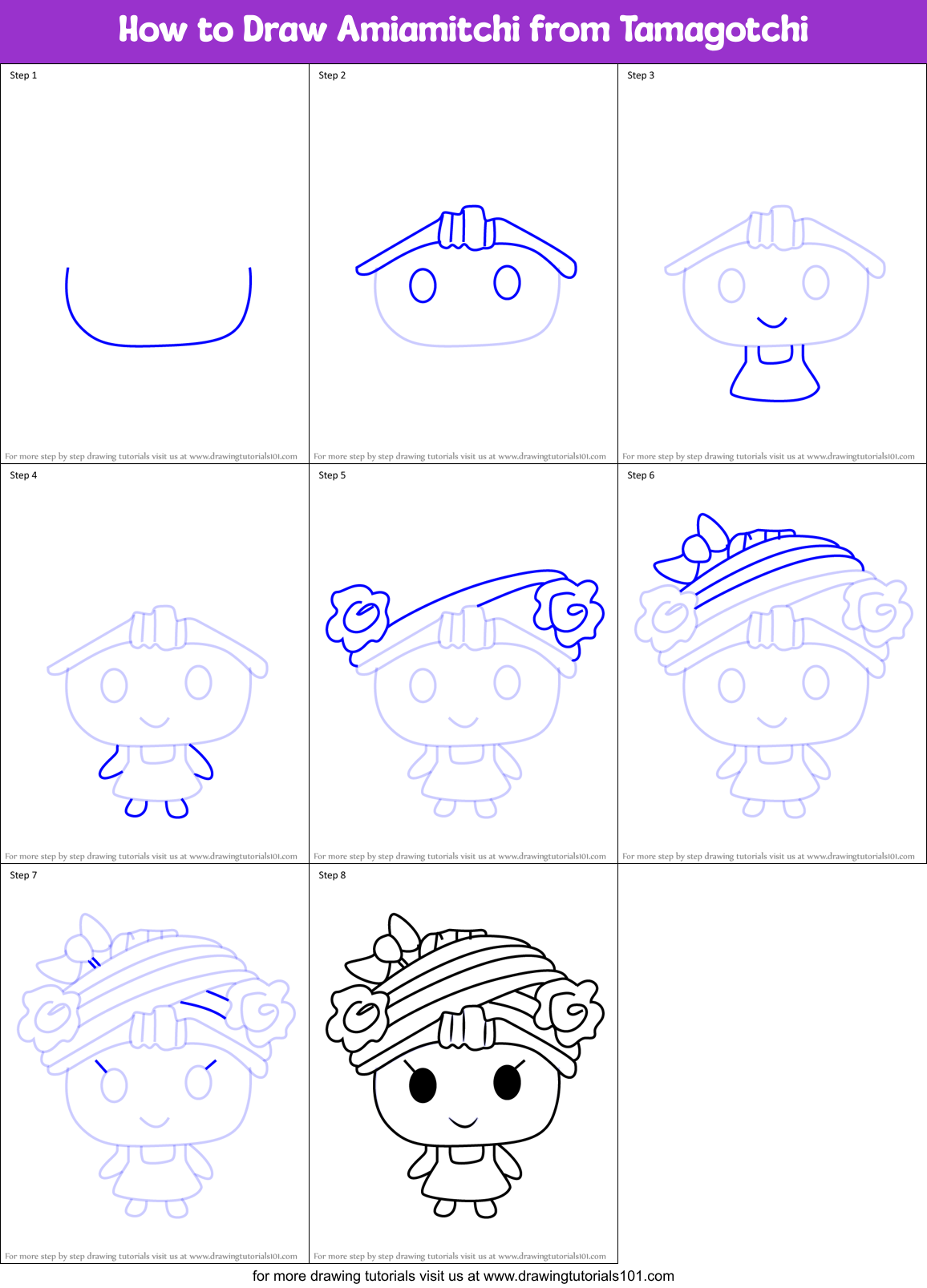 How to Draw Amiamitchi from Tamagotchi Printable Step by Step