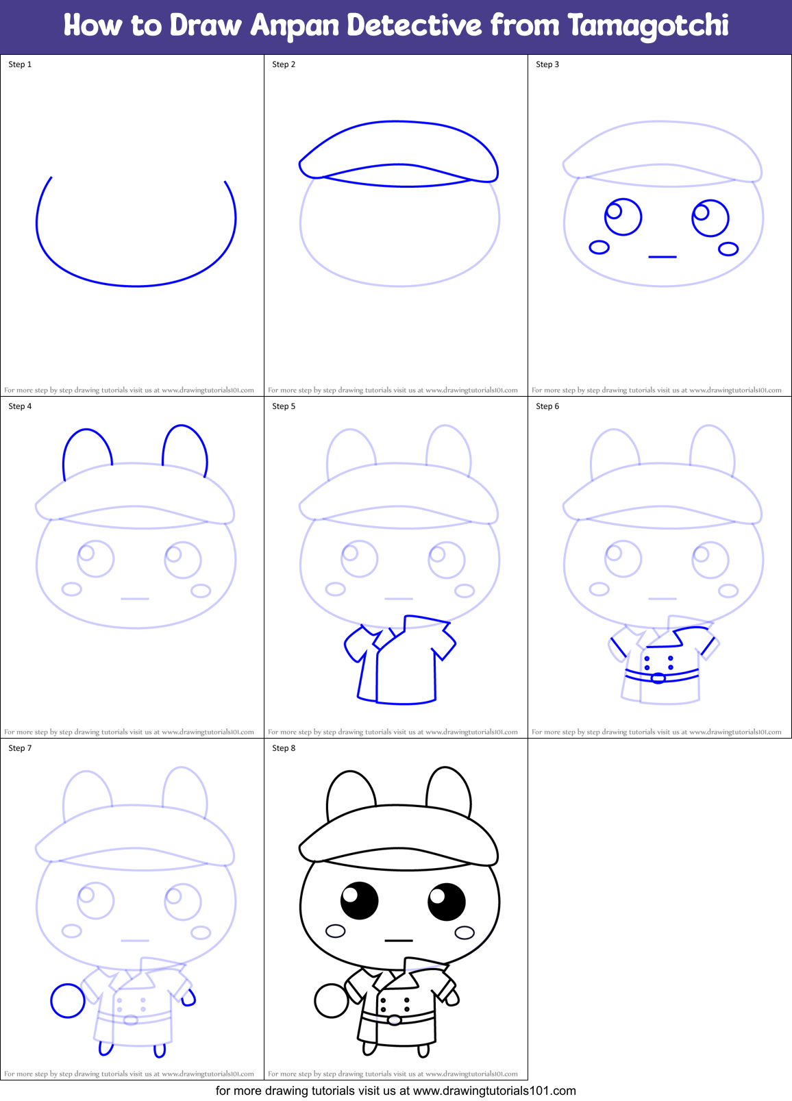 How to Draw Anpan Detective from Tamagotchi Printable Step by Step