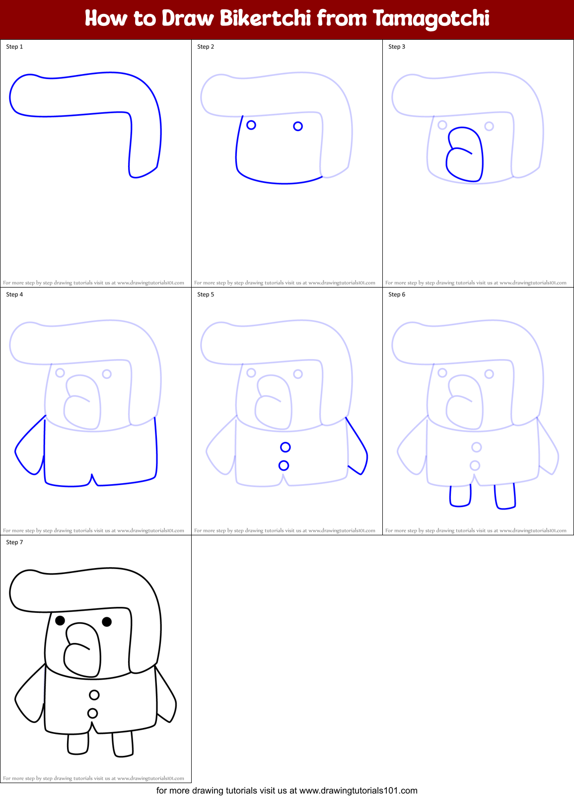 How to Draw Bikertchi from Tamagotchi Printable Step by Step