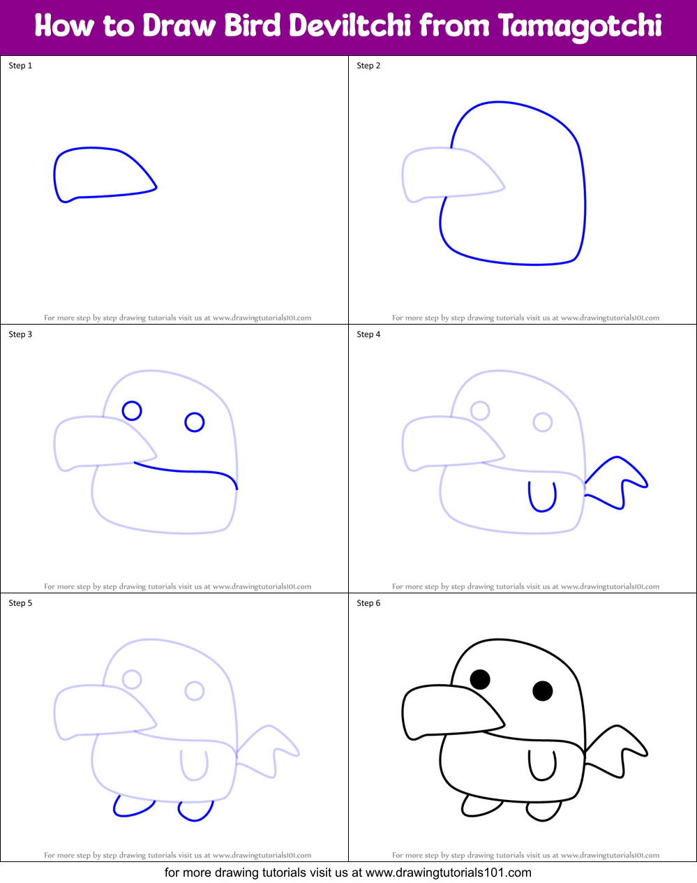 How to Draw Bird Deviltchi from Tamagotchi Printable Step by Step