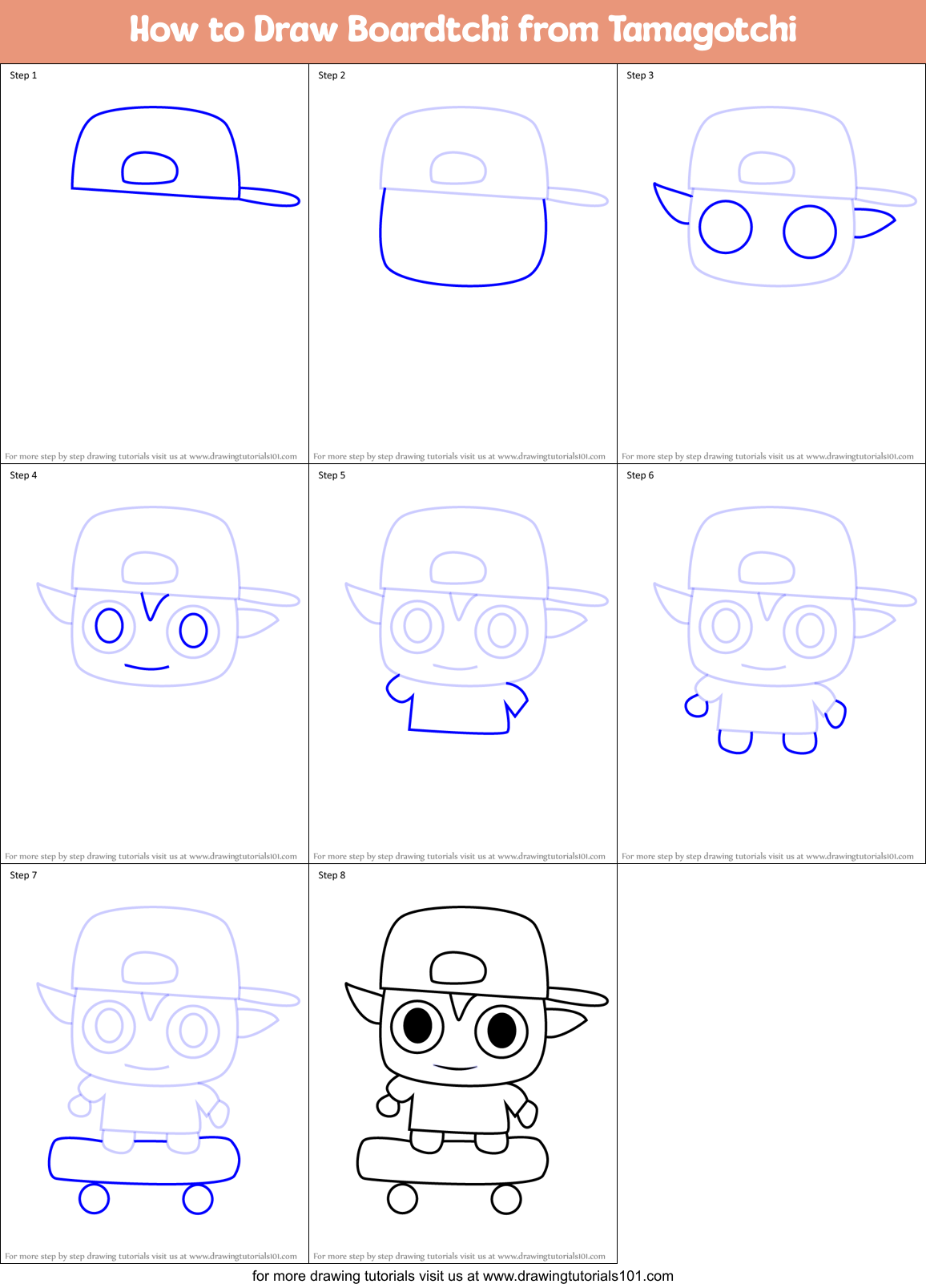 How to Draw Boardtchi from Tamagotchi Printable Step by Step