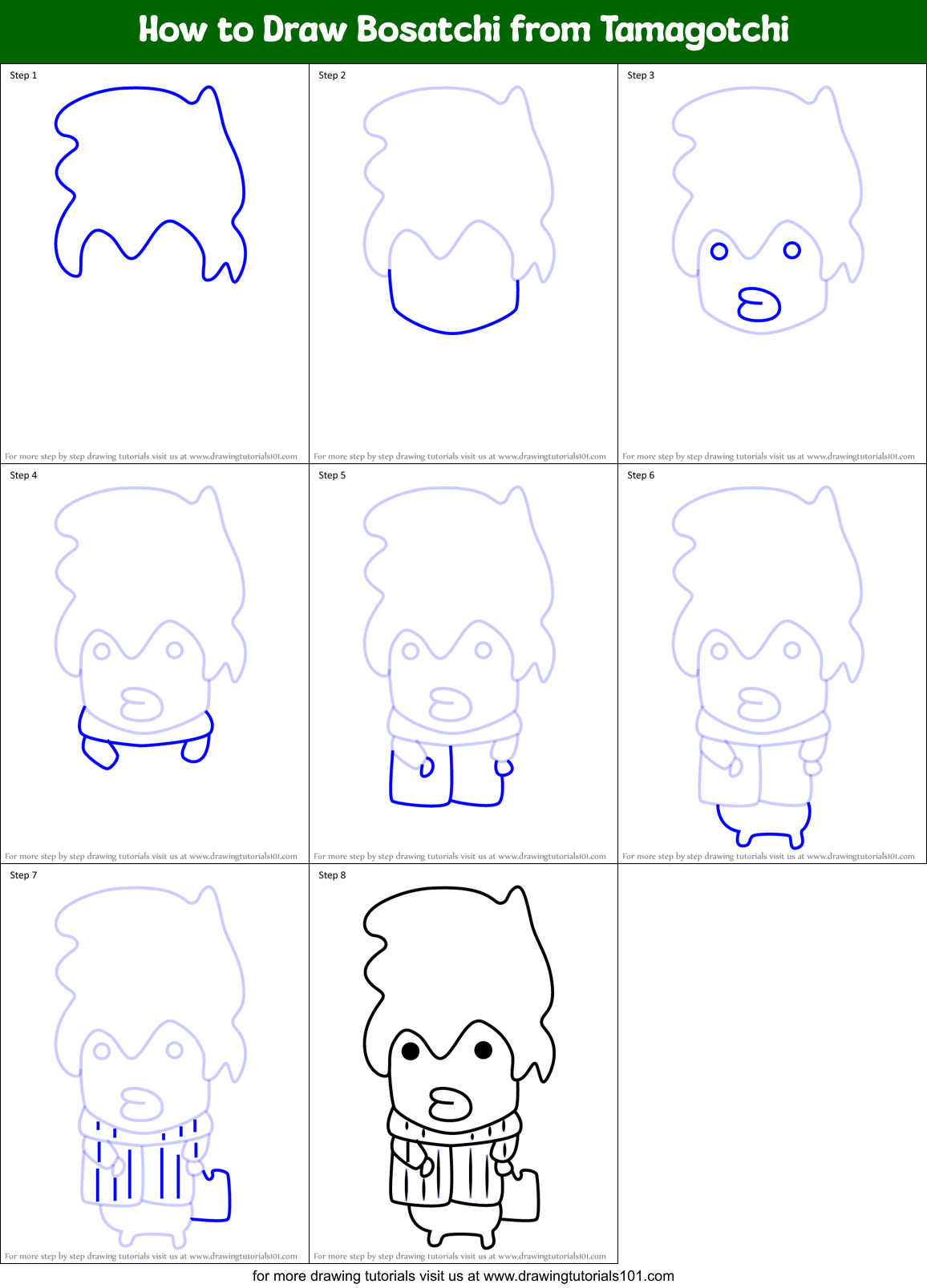 How to Draw Bosatchi from Tamagotchi Printable Step by Step