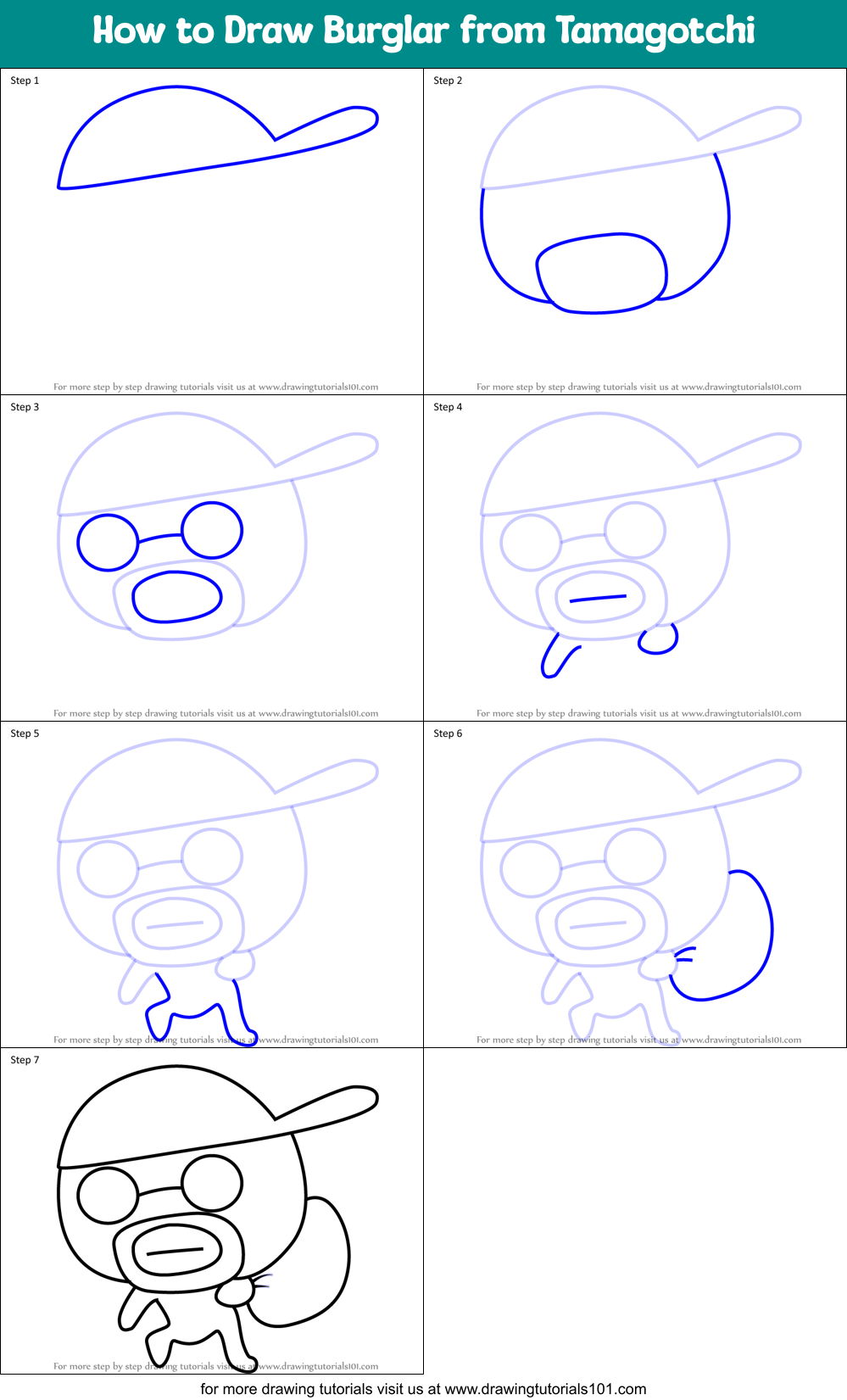 How to Draw Burglar from Tamagotchi Printable Step by Step