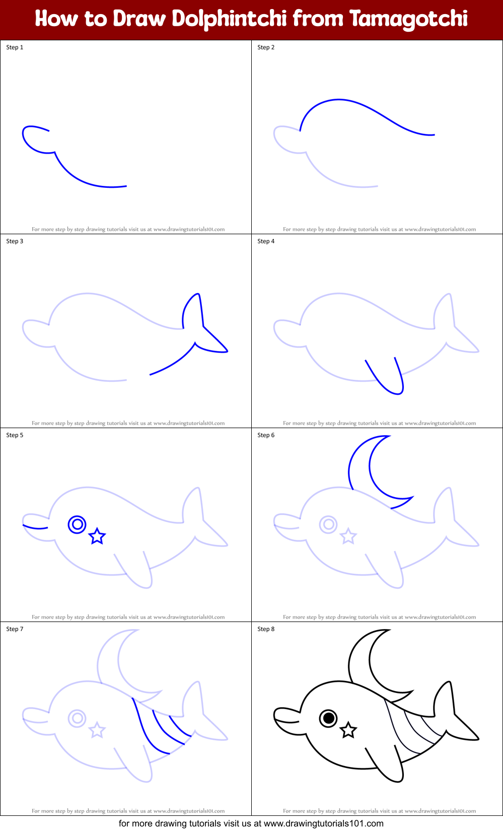 How to Draw Dolphintchi from Tamagotchi Printable Step by Step