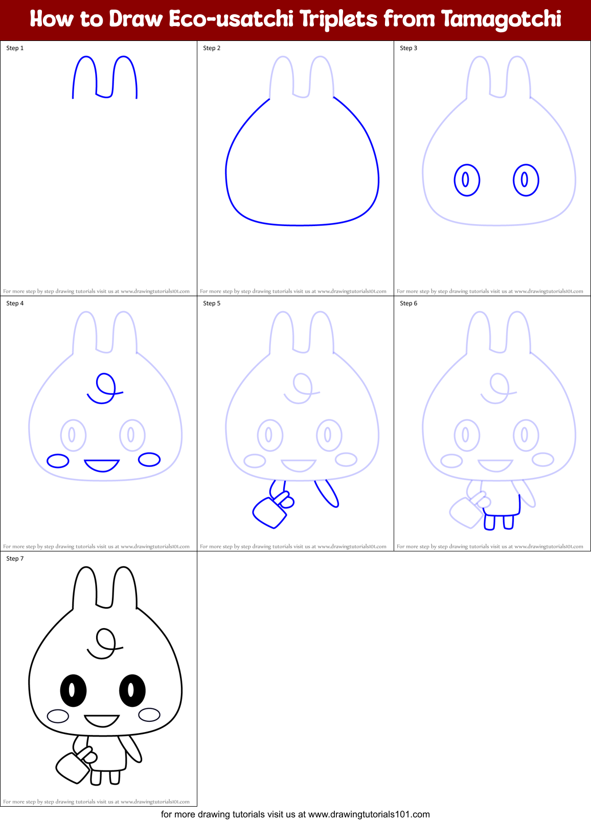 How to Draw Eco-usatchi Triplets from Tamagotchi Printable Step by Step