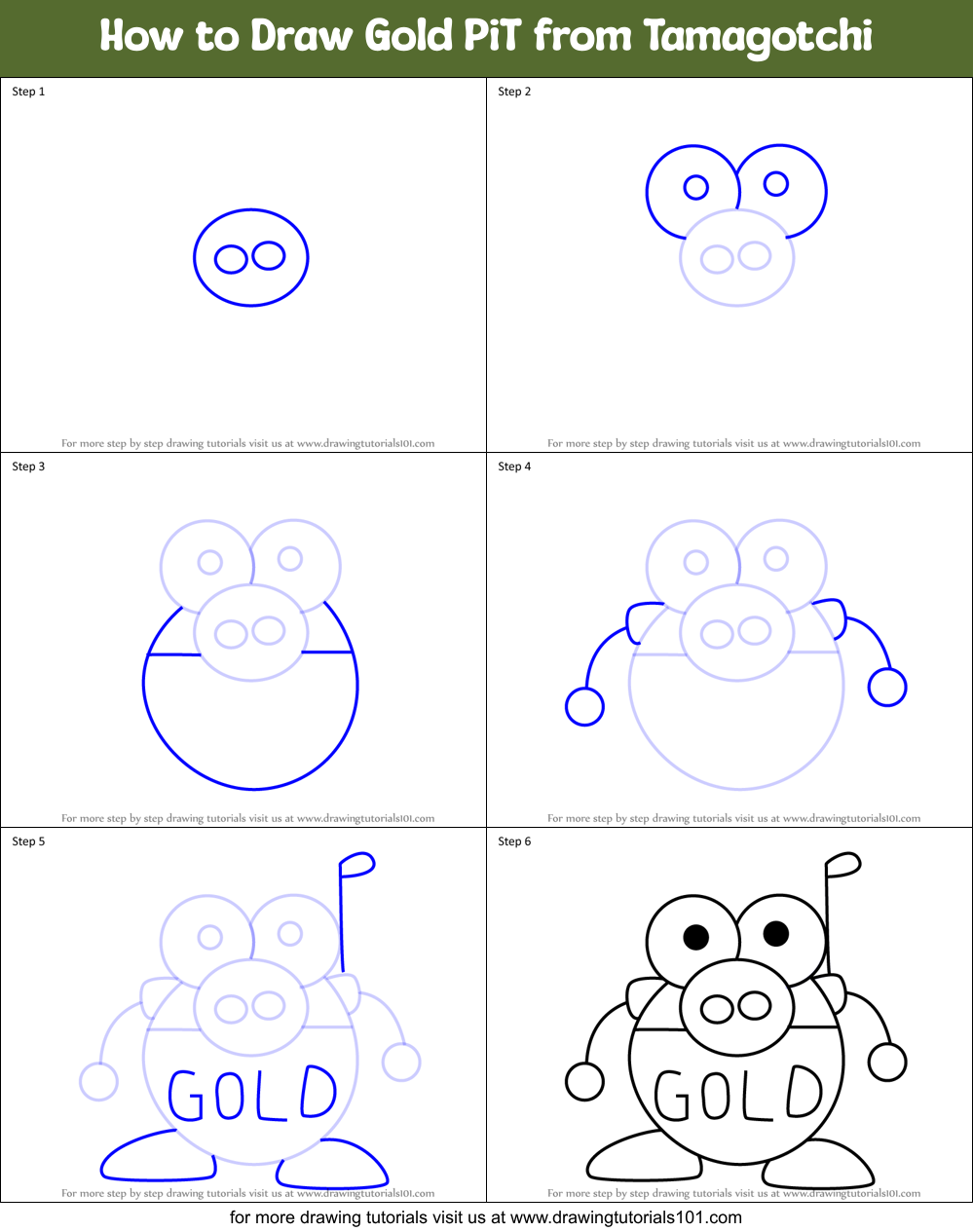 How to Draw Gold PiT from Tamagotchi Printable Step by Step