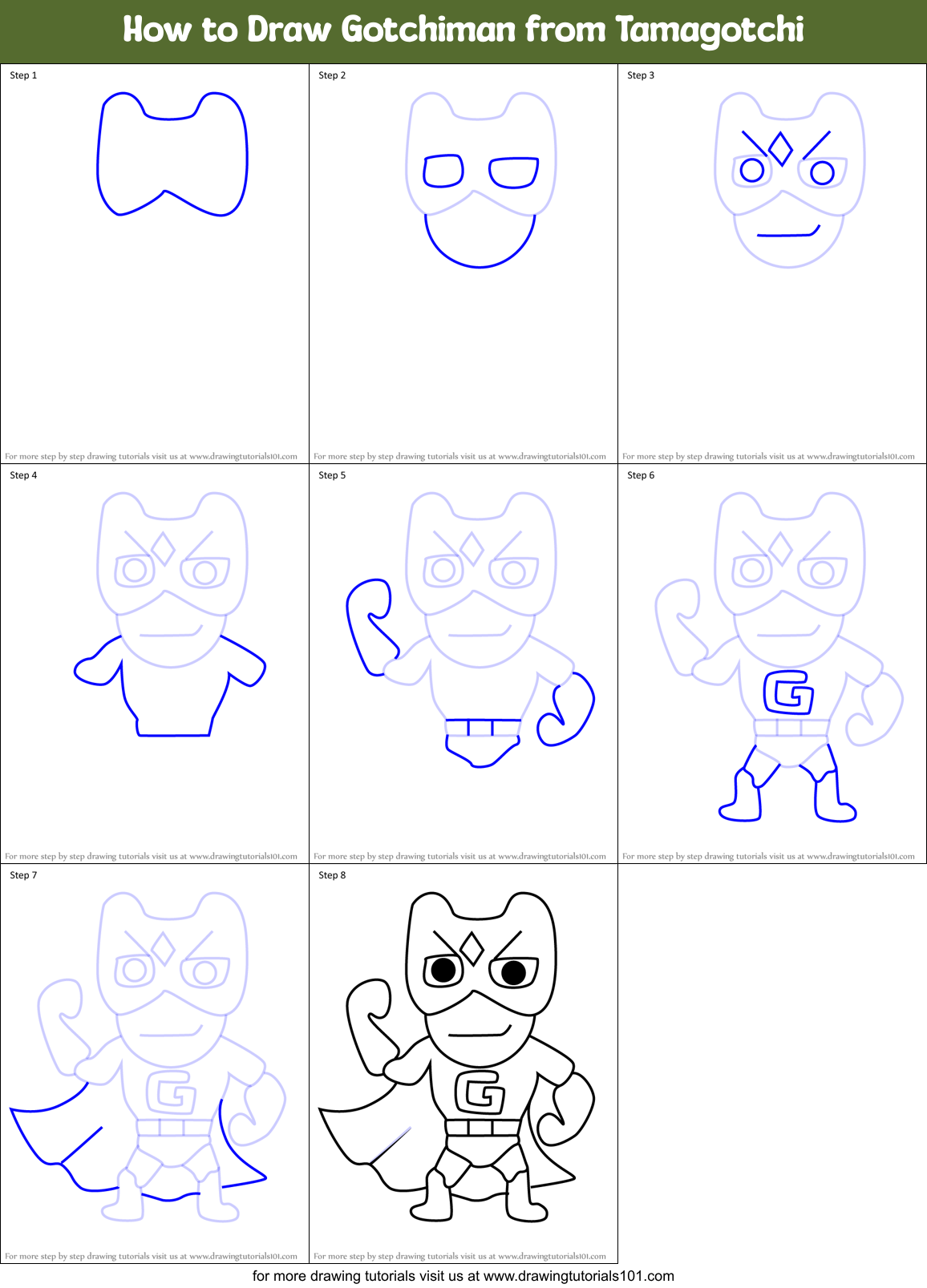 How to Draw Gotchiman from Tamagotchi Printable Step by Step