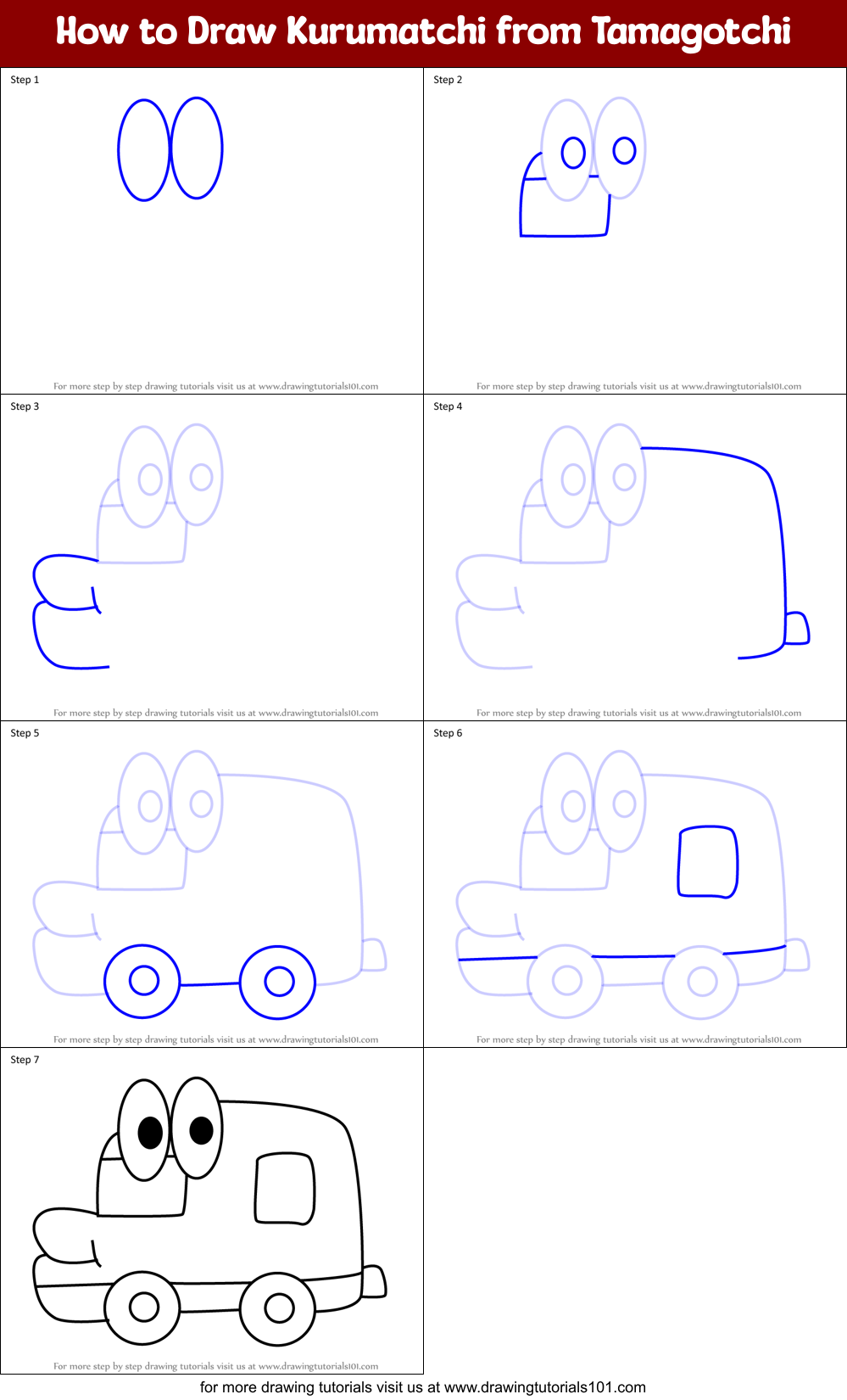 How to Draw Kurumatchi from Tamagotchi Printable Step by Step