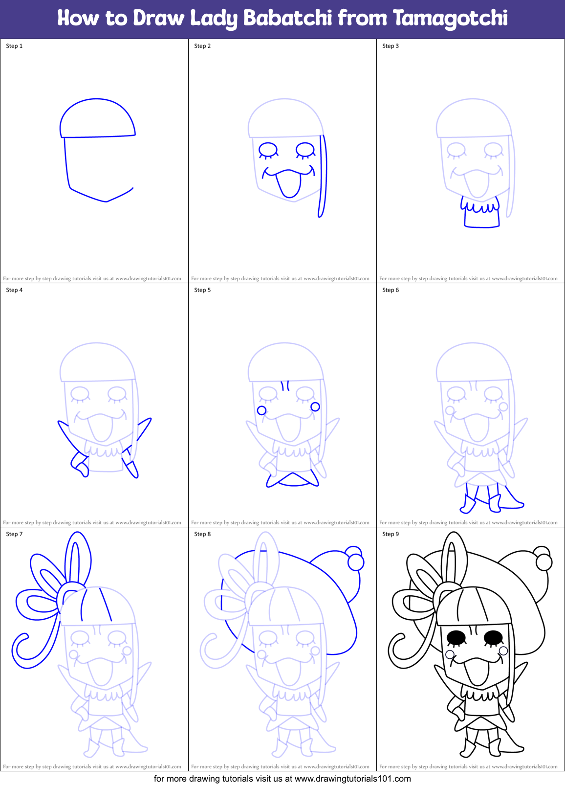 How to Draw Lady Babatchi from Tamagotchi Printable Step by Step