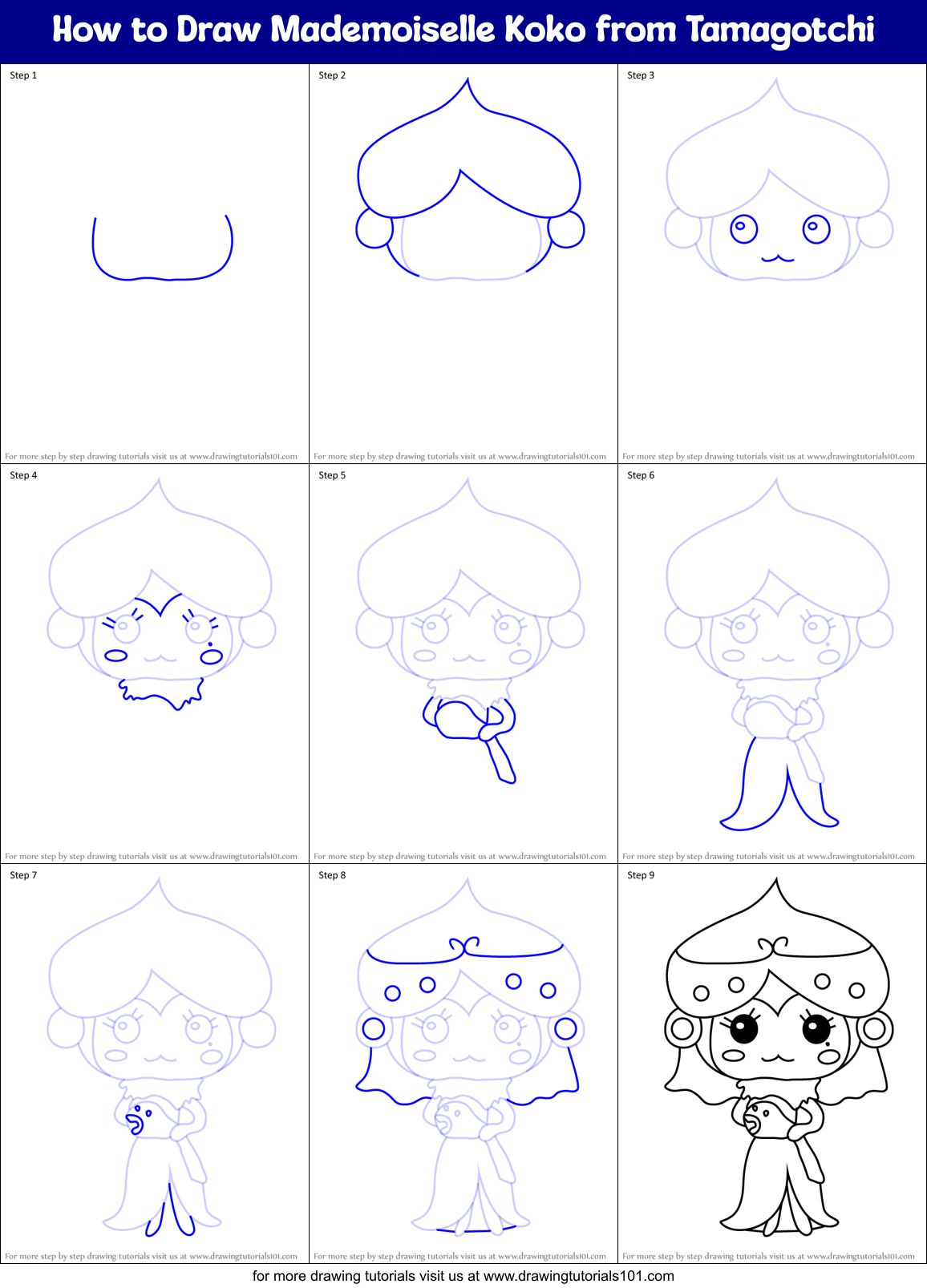 How to Draw Mademoiselle Koko from Tamagotchi Printable Step by Step