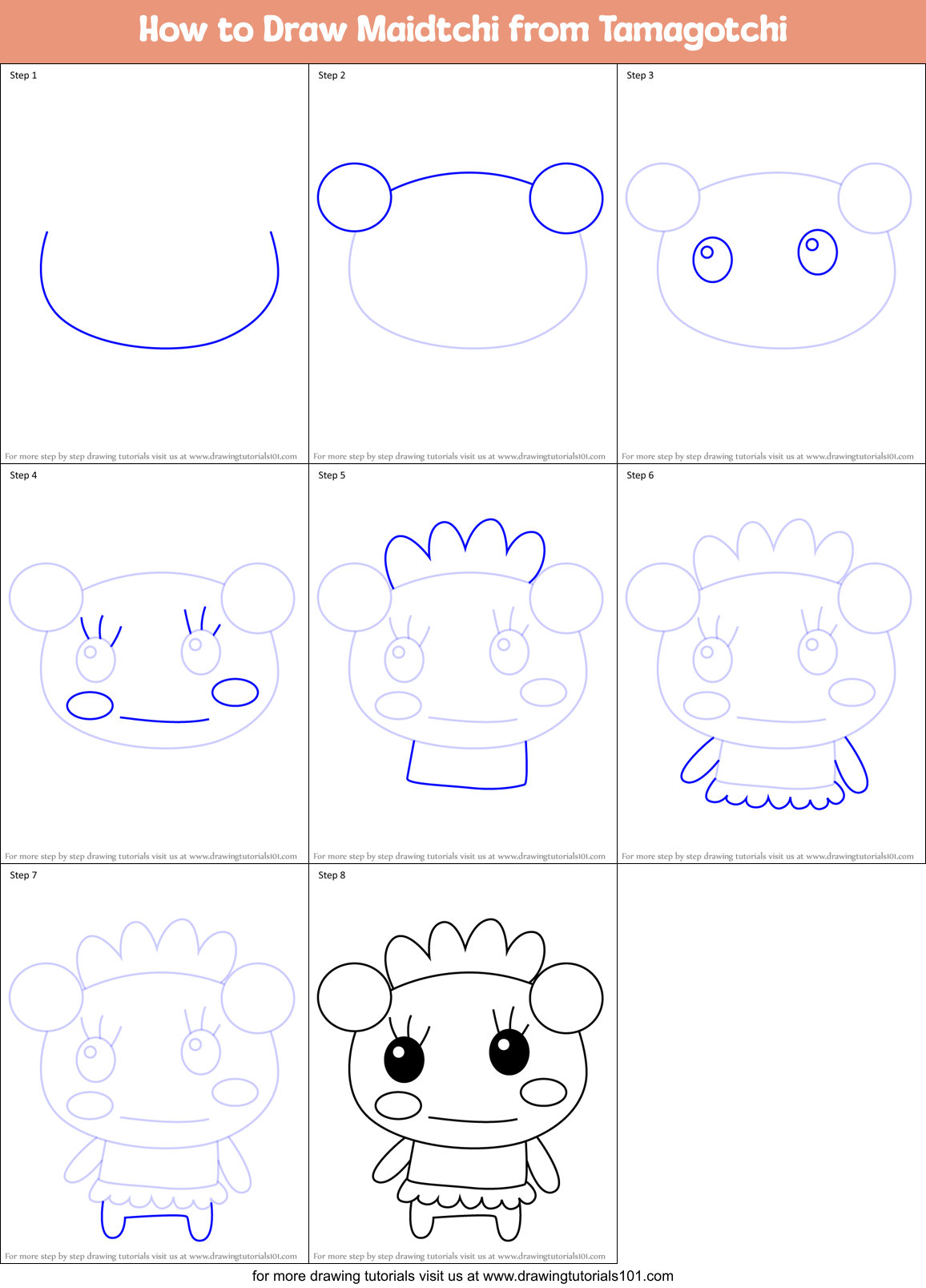 How to Draw Maidtchi from Tamagotchi Printable Step by Step