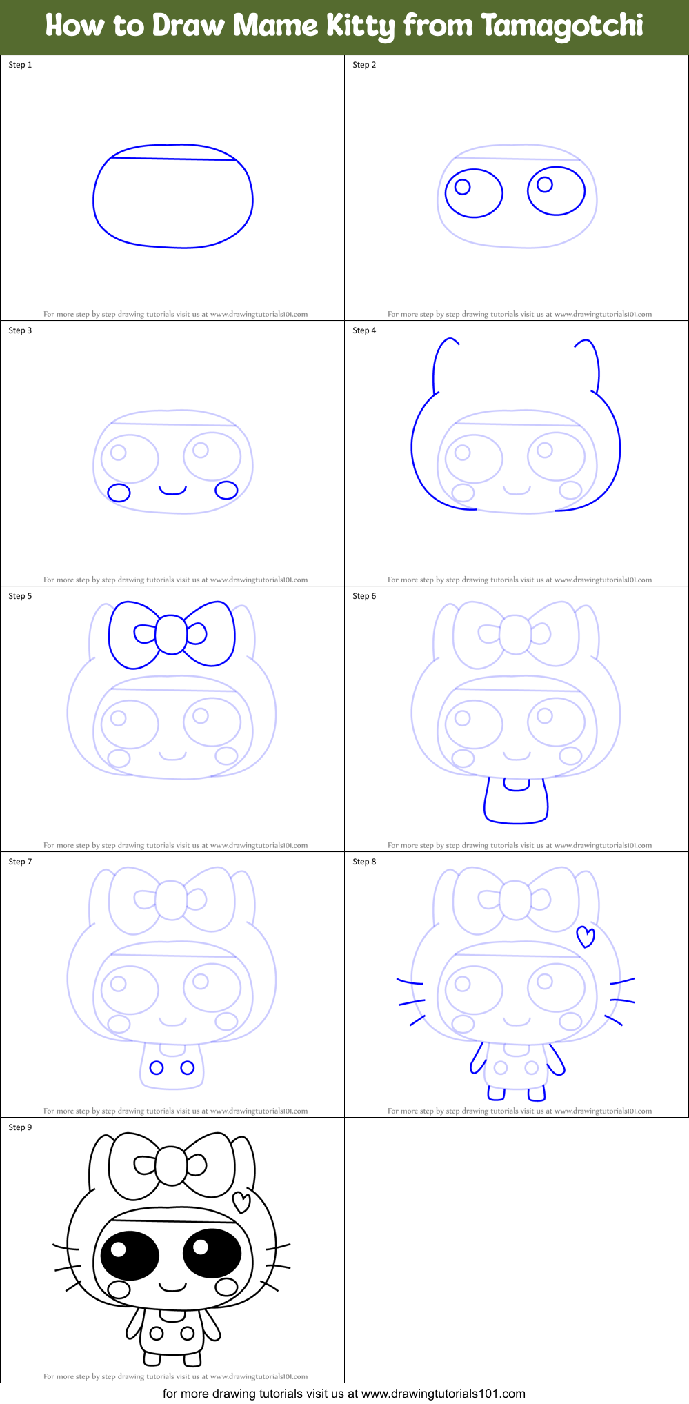 How to Draw Mame Kitty from Tamagotchi Printable Step by Step