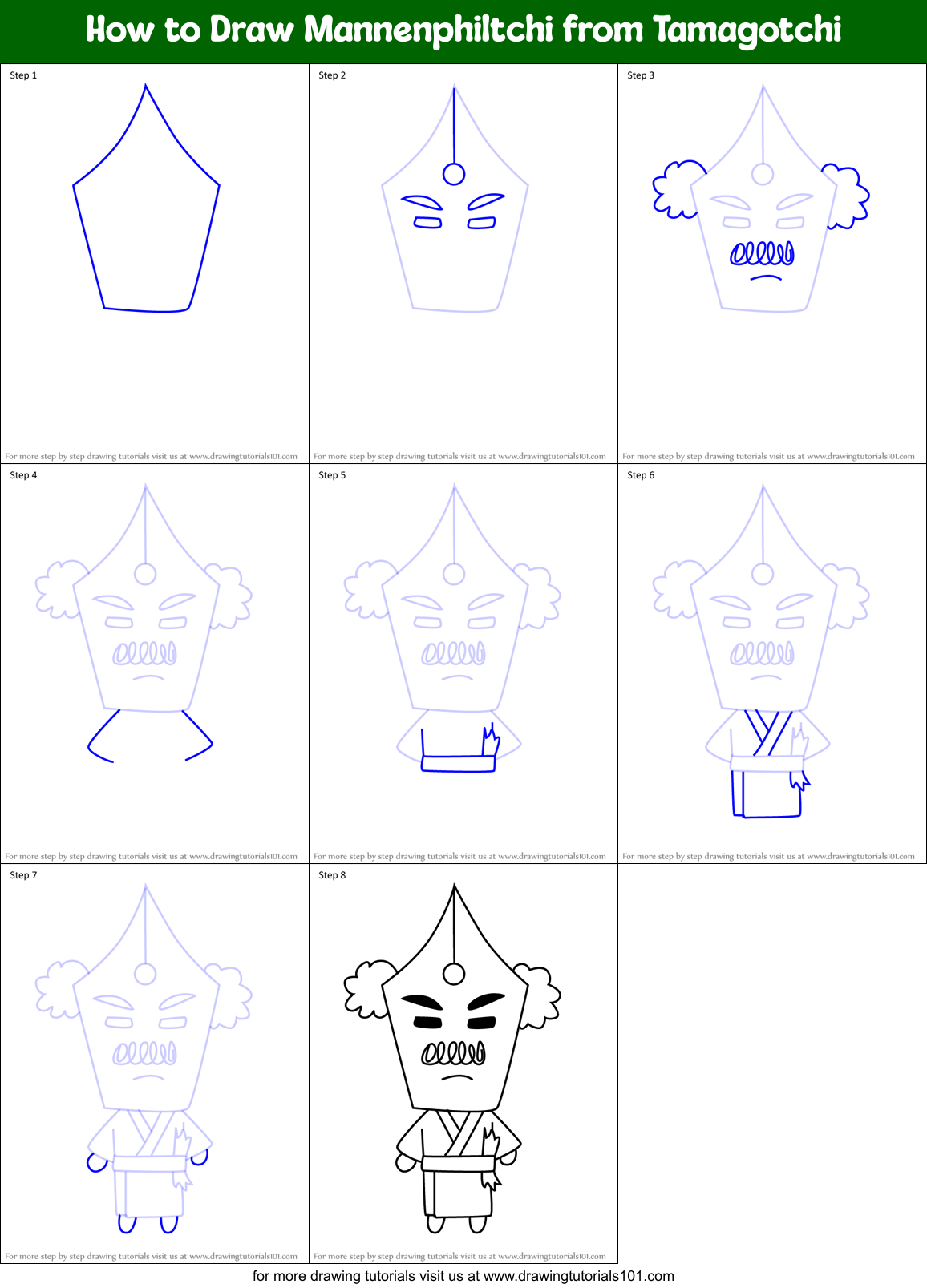 How to Draw Mannenphiltchi from Tamagotchi Printable Step by Step