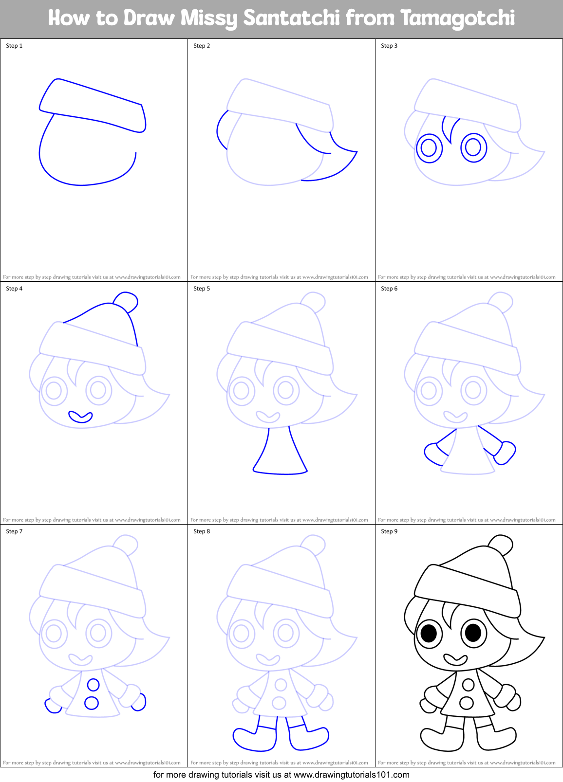 How to Draw Missy Santatchi from Tamagotchi Printable Step by Step